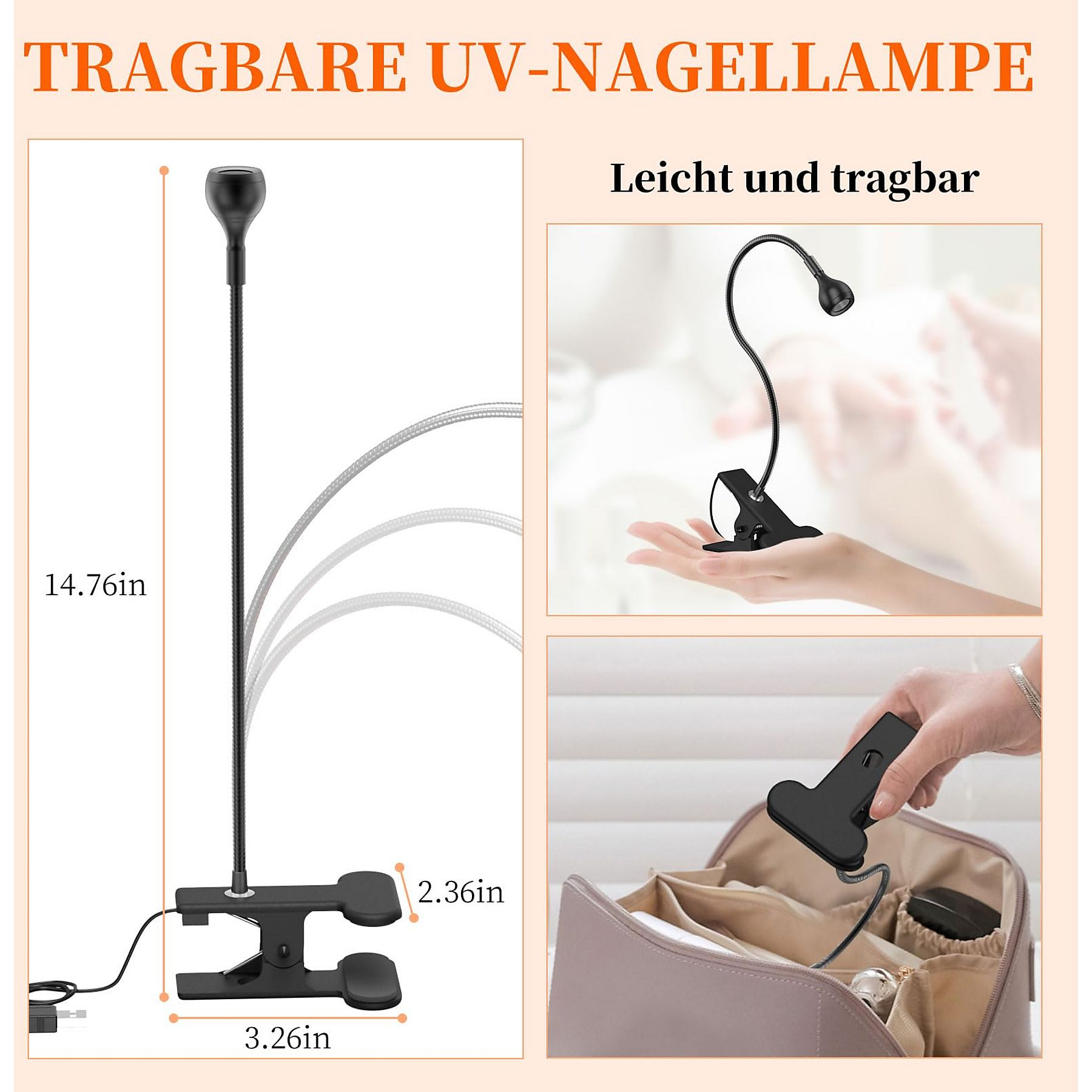 Schwarze UV-Nagellampe mit Maßen und Details, und ein Clip.
