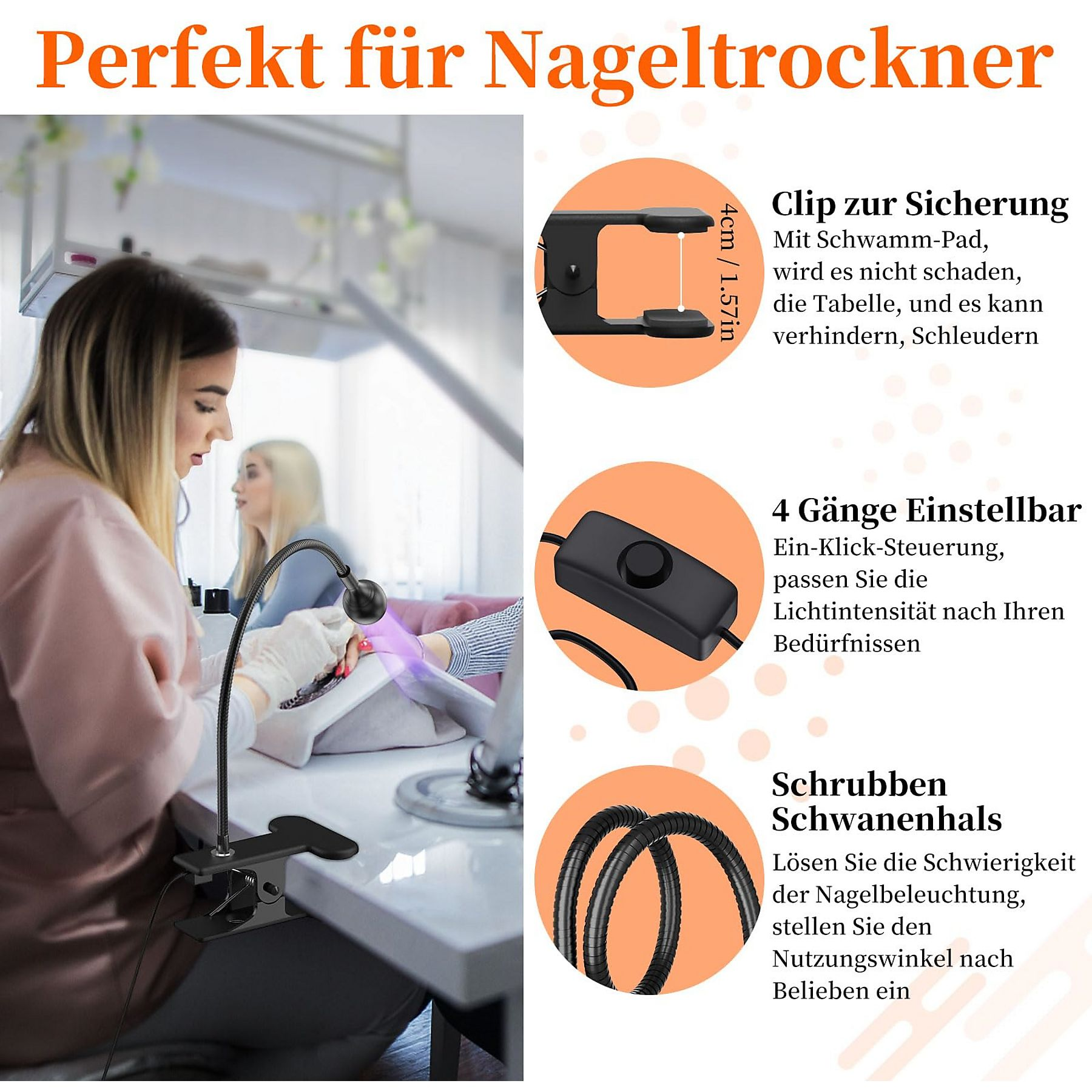 Ein Produktfoto mit Text über Nagellampenfunktionen, mit einer Frau und einer Nagellampe.