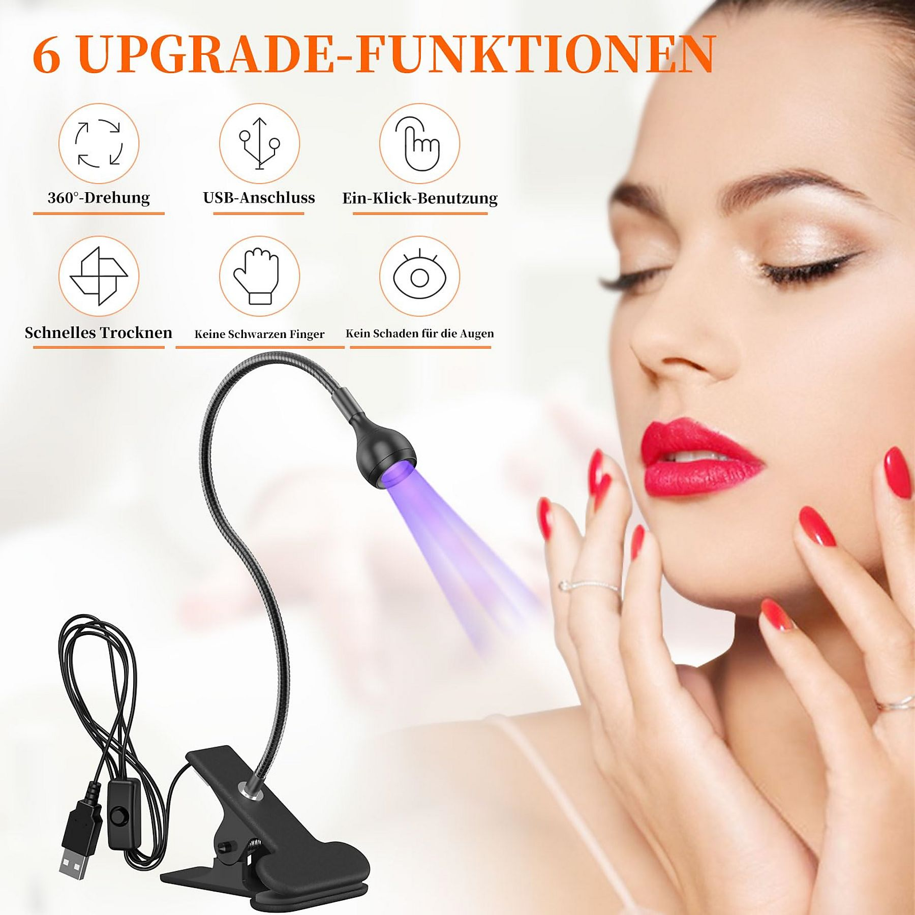 Frau mit roten Nägeln und Lippenstift, die Lampe scheint lilafarbenes Licht auf ihre Nägel.
