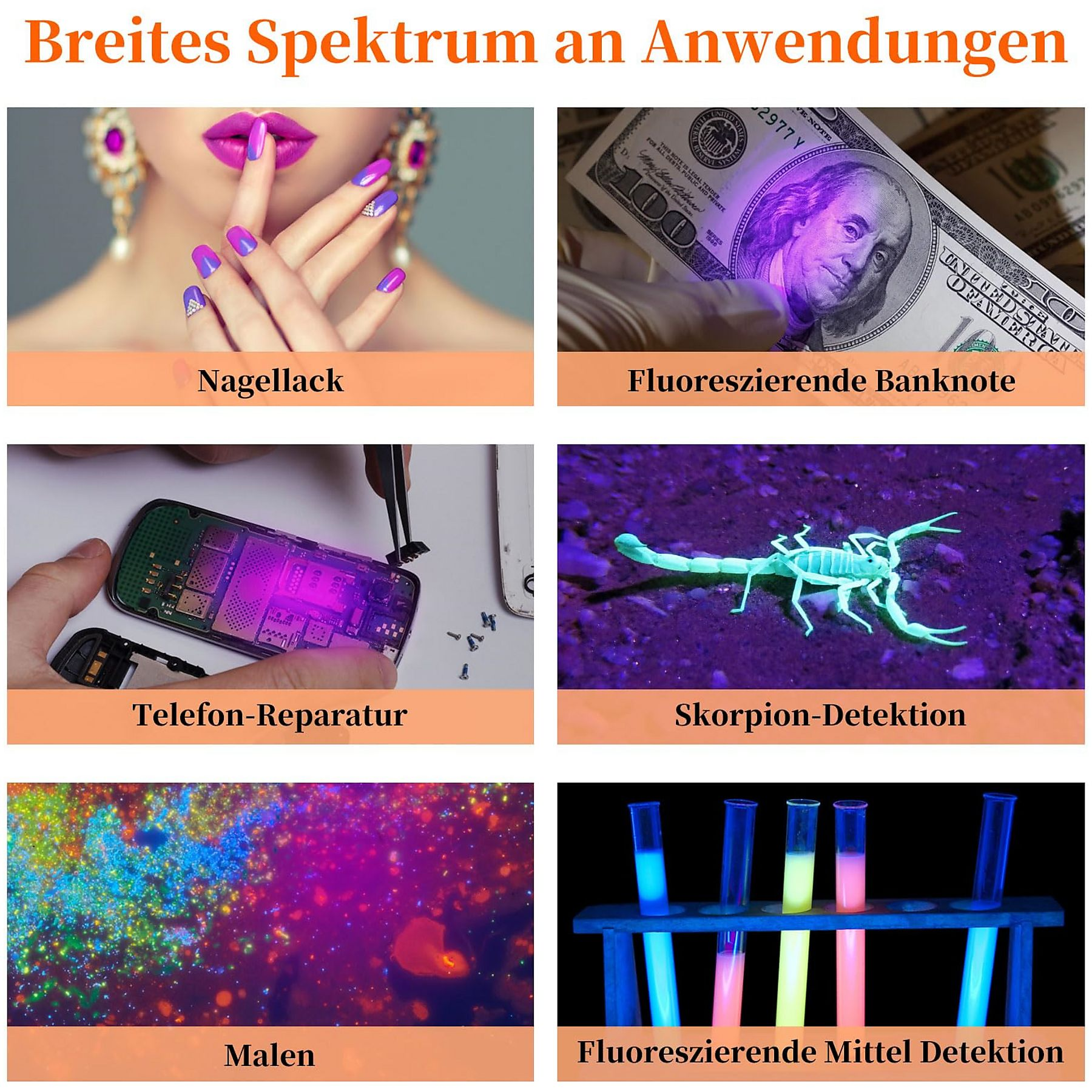 Collage von Bildern, UV-Licht auf Geld, Telefon, Nagellack, Malerei und einem Skorpion.