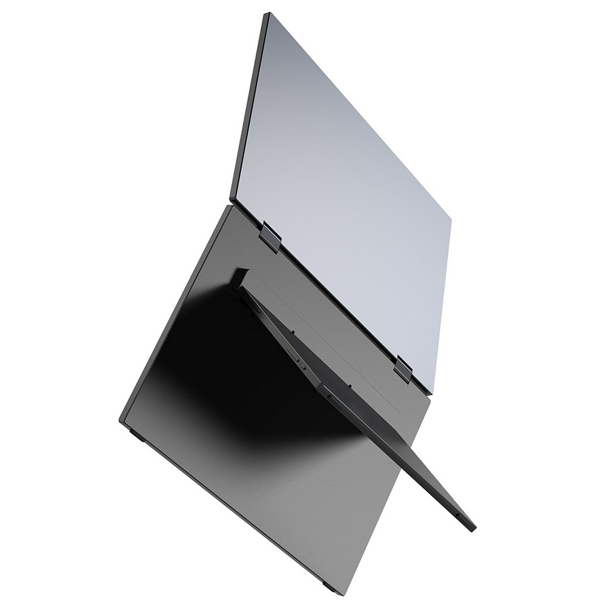 Składany przenośny monitor, dwa ekrany otwarte i pod kątem.