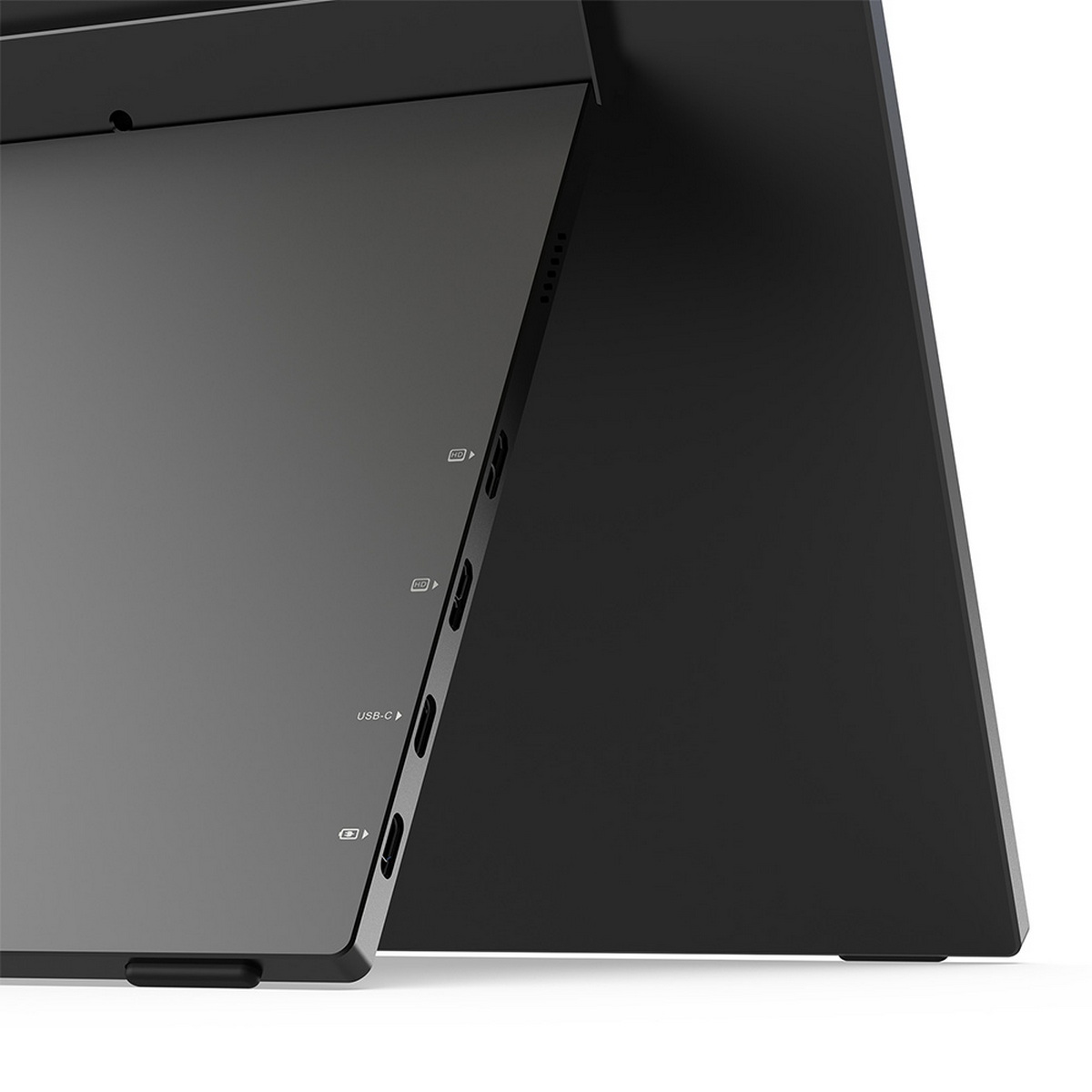 Czarny ekran, porty USB i czarny stojak. Ekran jest pochylony.