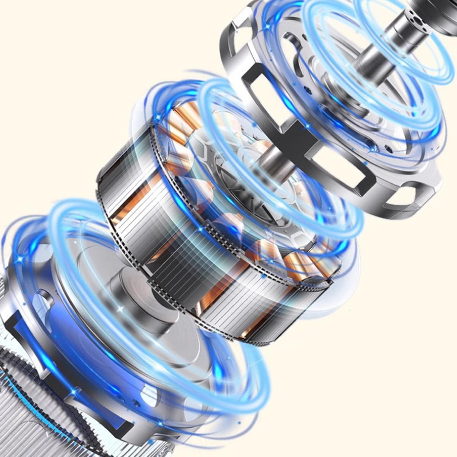 Innere Teile des Motors. Zahnrad, Metallteile und kreisförmige blaue Energielinien.