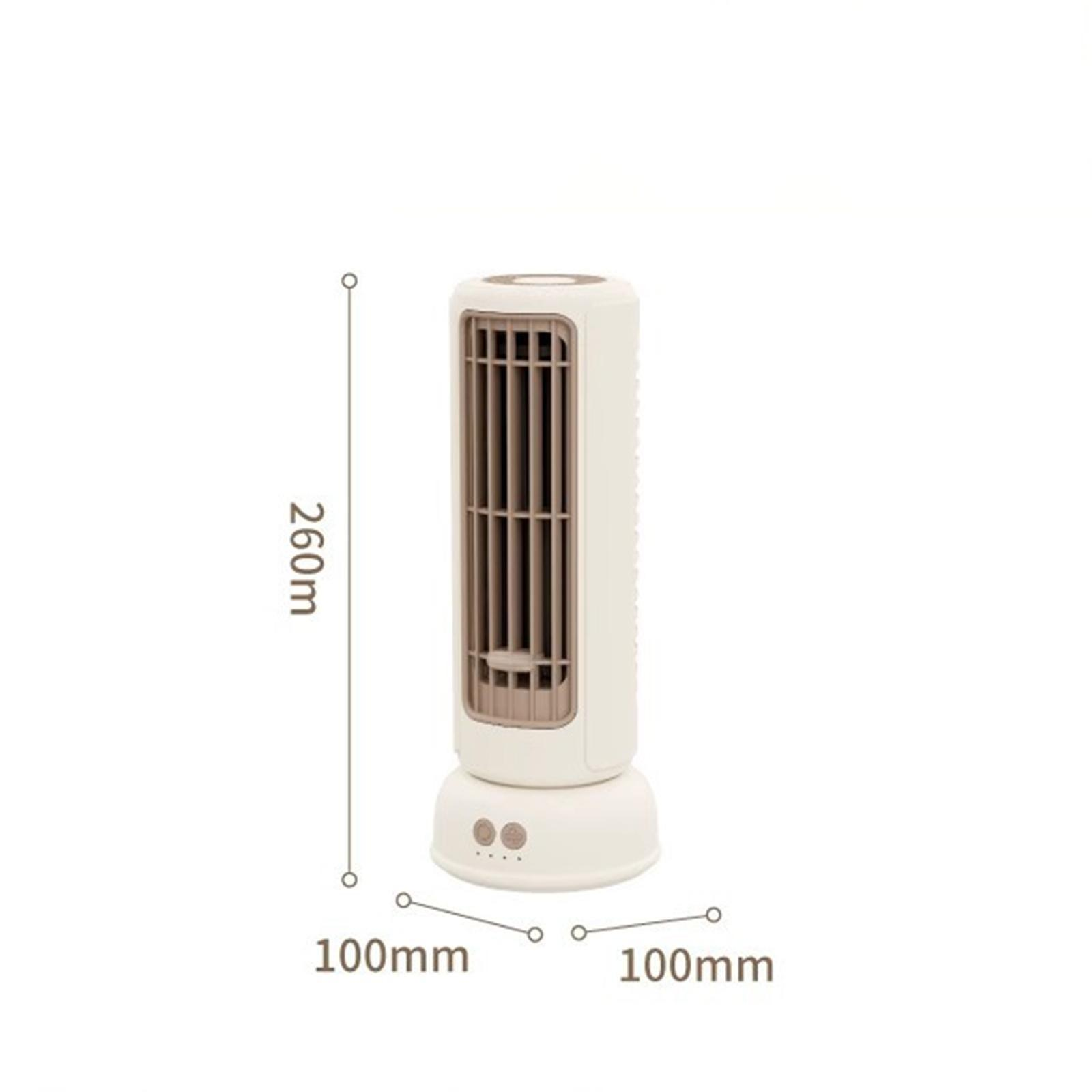 Ein beigefarbener Turmventilator vor weißem Hintergrund. Es hat braune Details und Messungen.