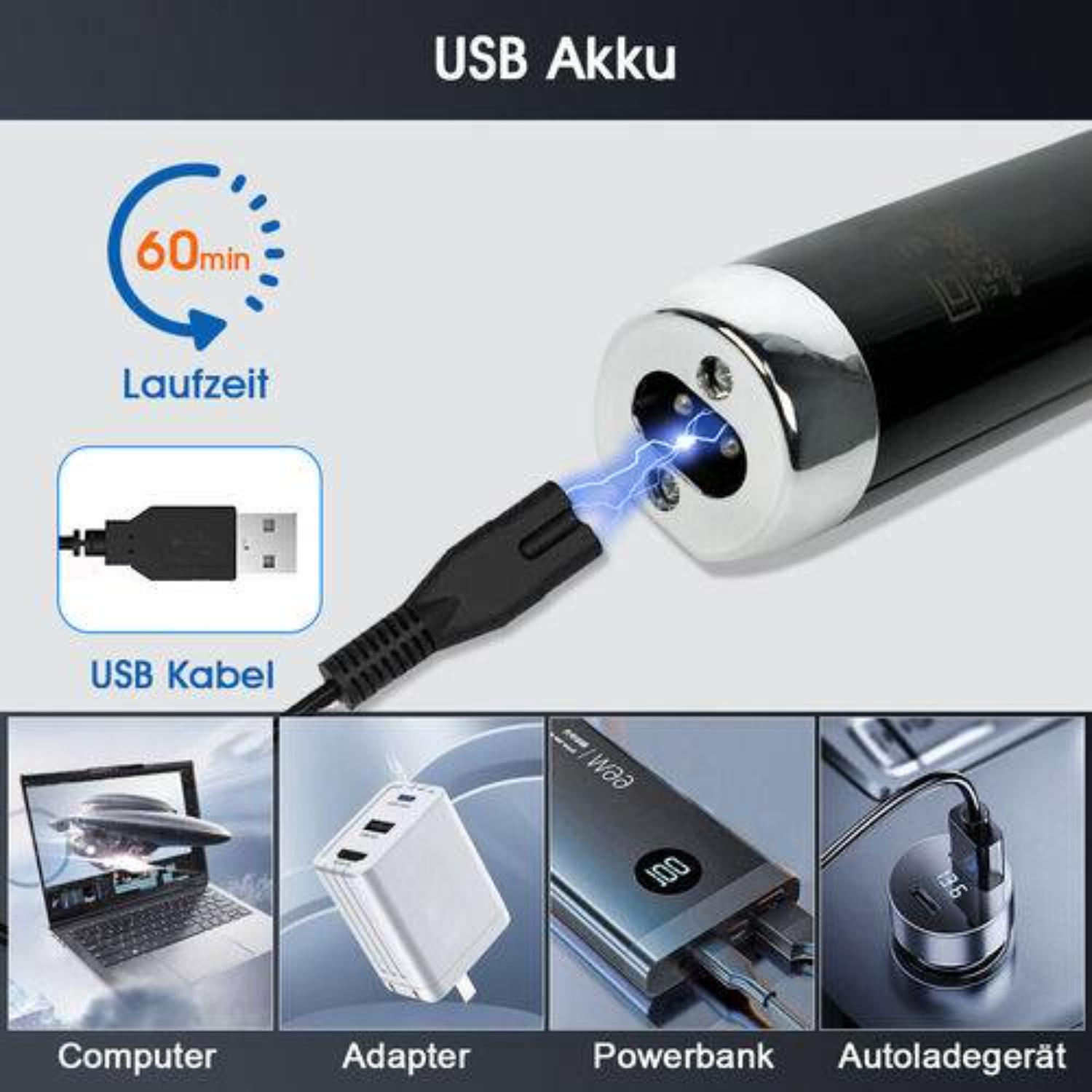 Schwarzes Gerät wird mit einem USB-Kabel aufgeladen. Verschiedene Lademöglichkeiten.