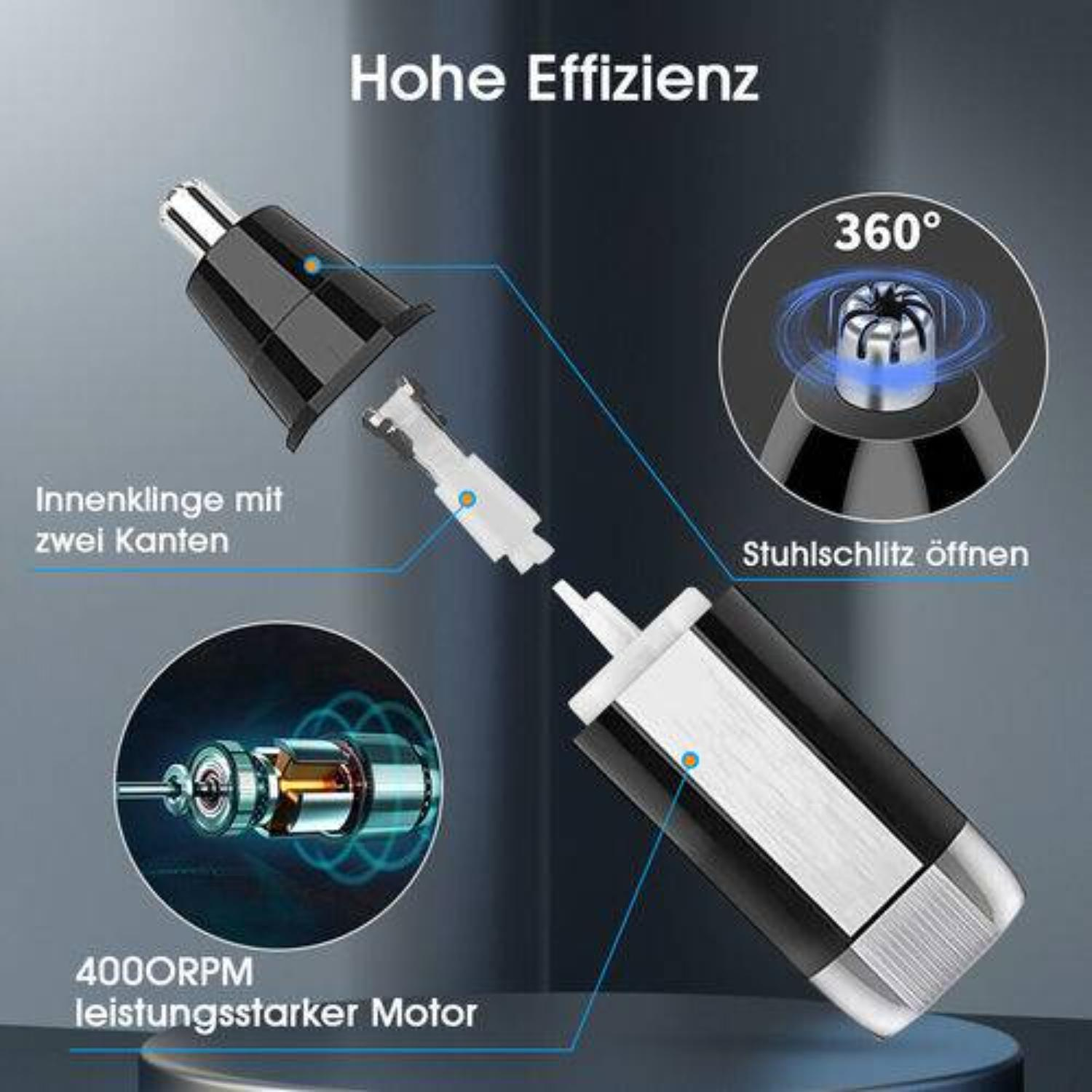 Schwarzer Herrentrimmer, Teile getrennt. Blaue Energie-Visuals. Motor und Klingen.