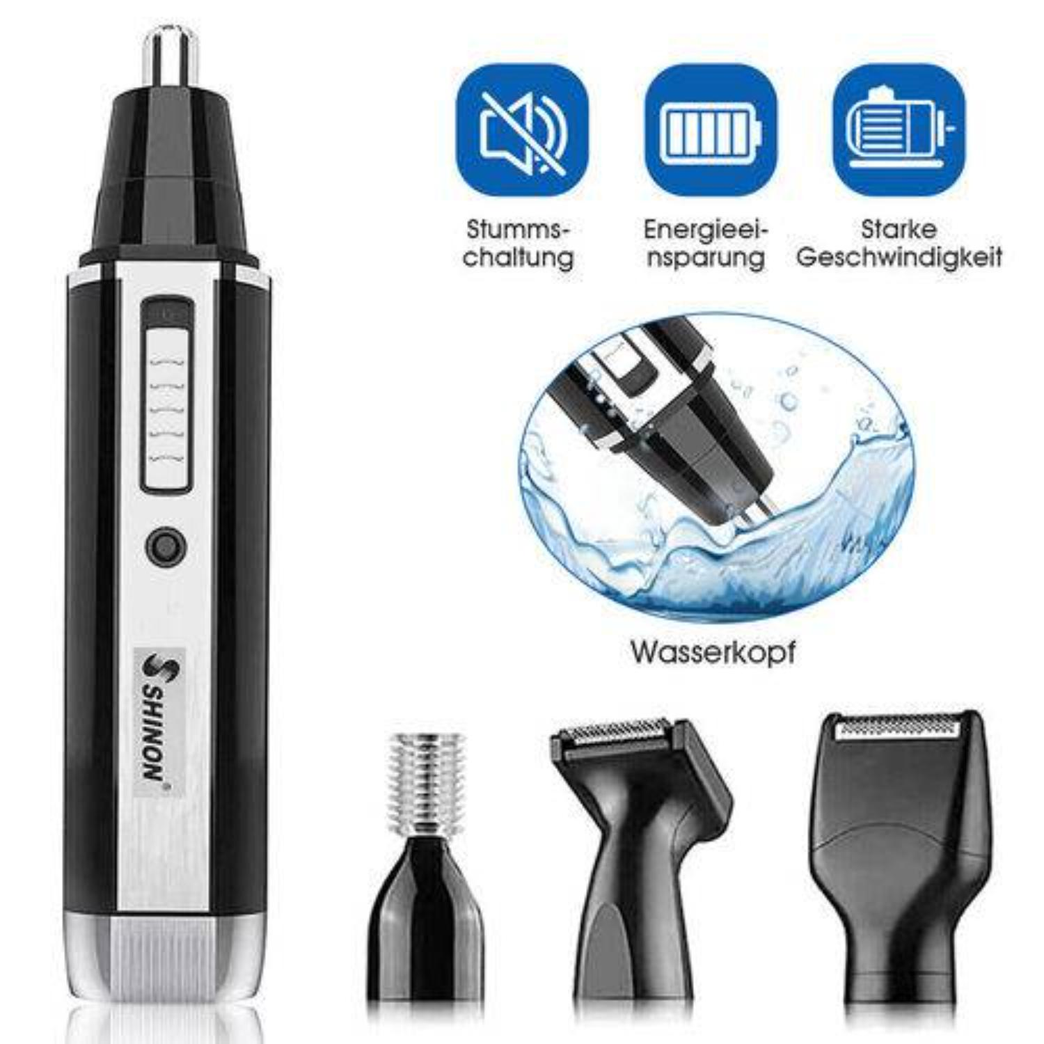 Schwarz-silberner Trimmer mit Zubehör. Funktionssymbole darüber. Wassertropfen.