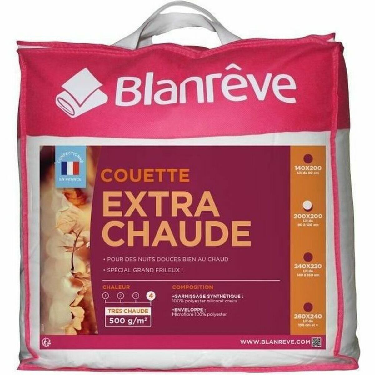 Eine rosa-weiße Verpackung einer extra warmen Bettdecke. Text beschreibt das Produkt und seine Eigenschaften.