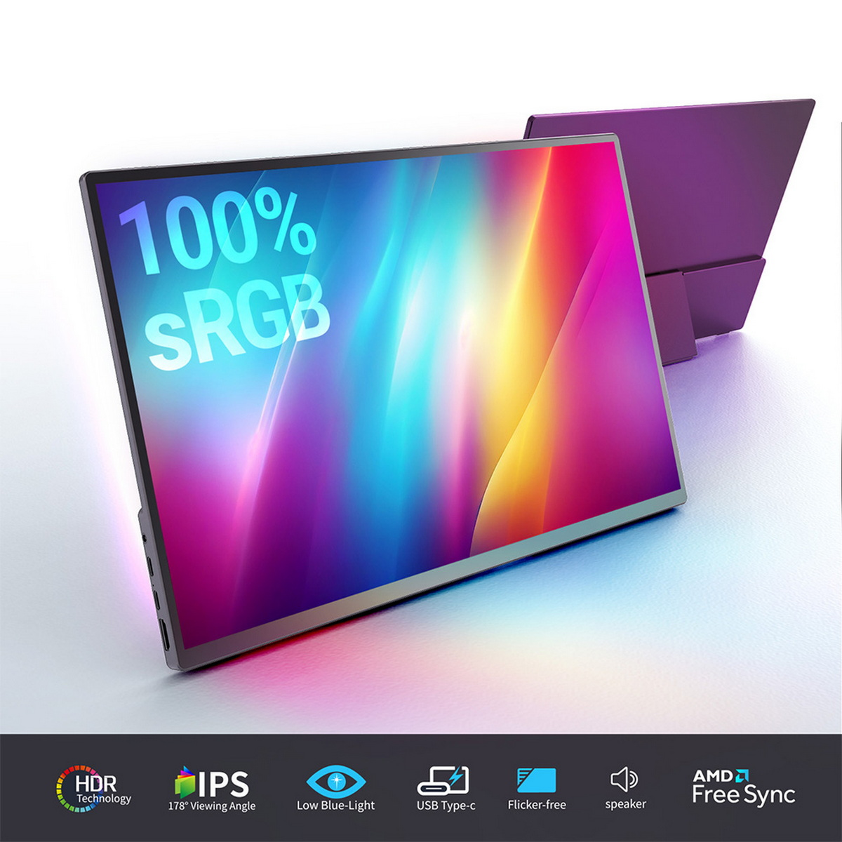 Ein tragbarer Monitor, der farbenfrohe abstrakte Kunst zeigt. Hat mehrere Funktionen wie HDR und USB.