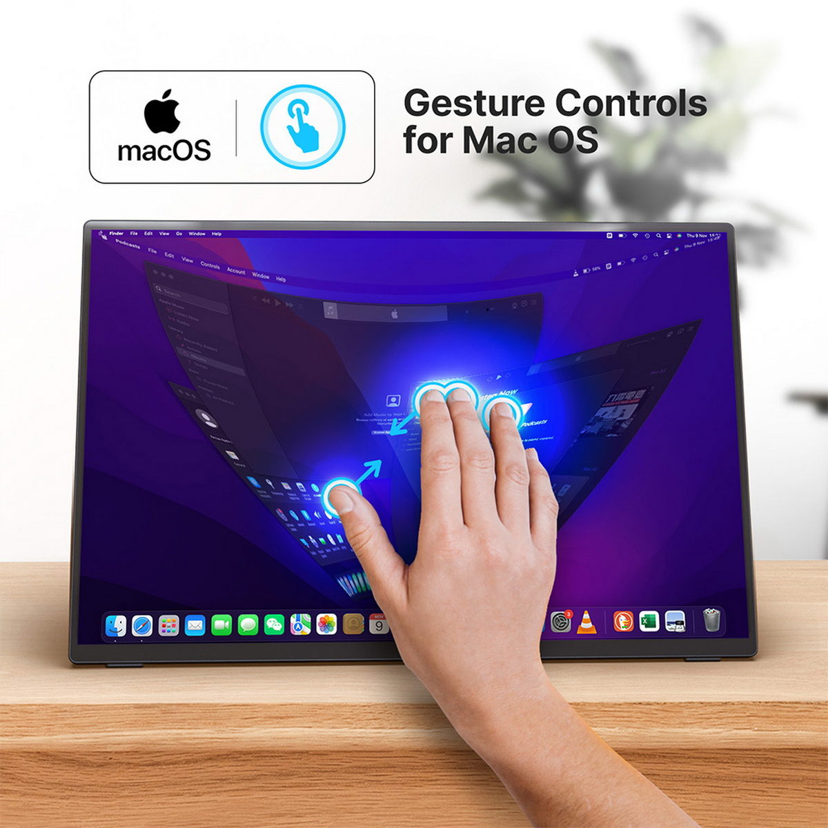Ein Touchscreen-Monitor mit einer Hand, die auf dem Bildschirm Gesten ausführt. Mac OS Logo sichtbar.