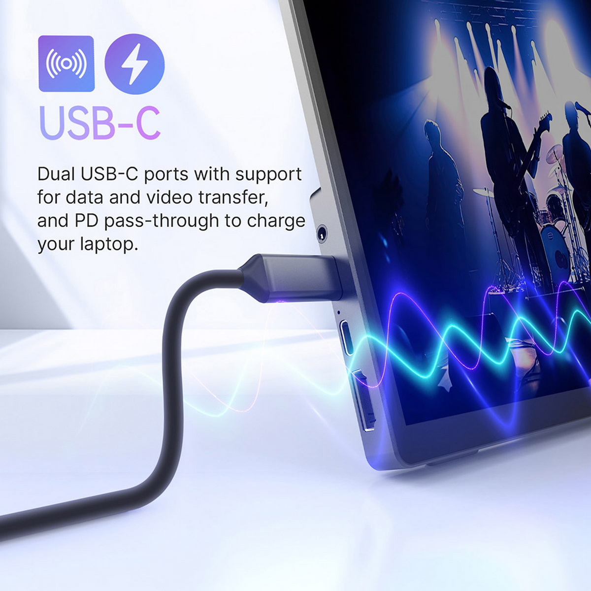 Ein Laptop, der über USB-C mit einem tragbaren Monitor verbunden ist. Text hebt Dual-USB-C-Anschlüsse und Funktionen hervor.