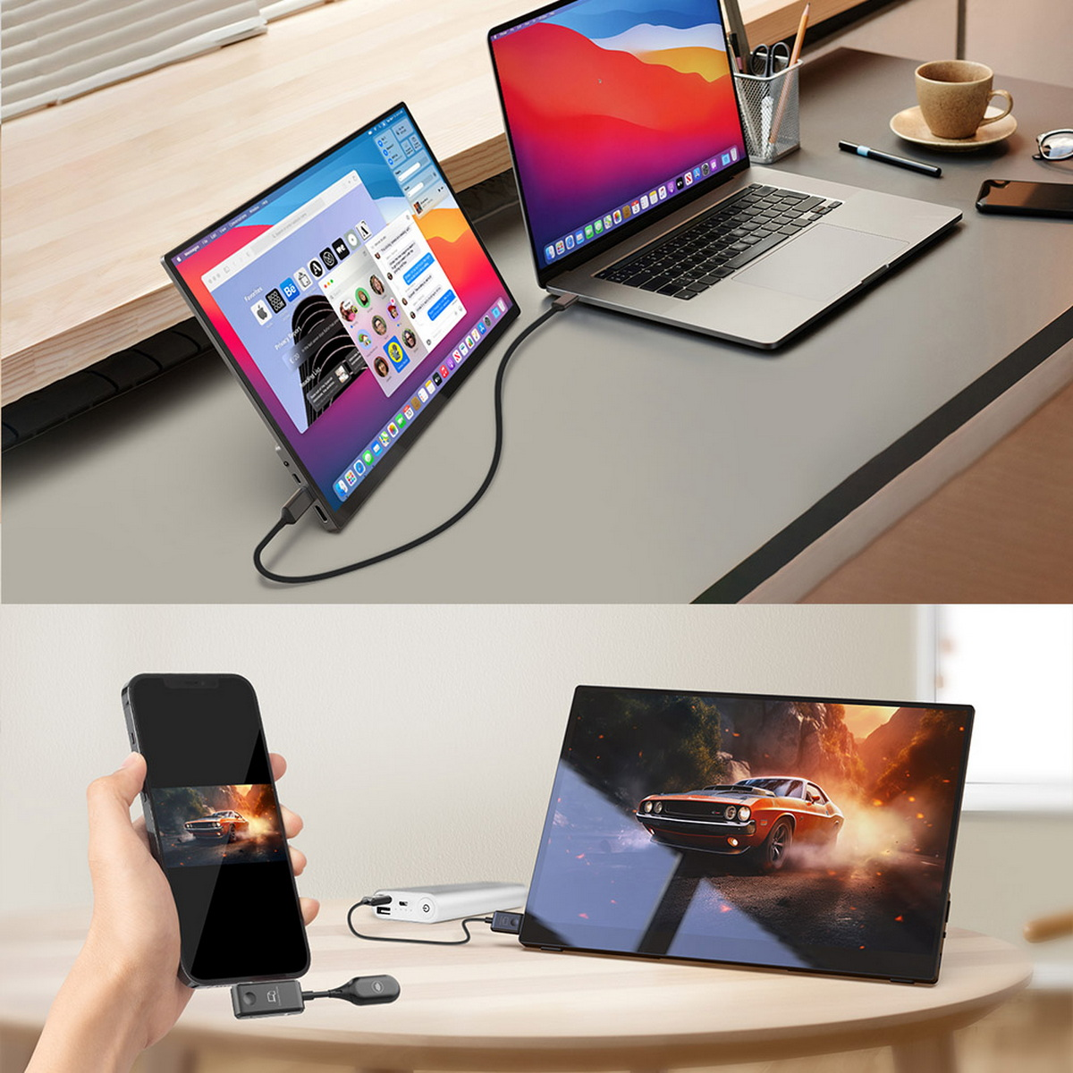 Zwei Laptops und ein tragbarer Monitor stehen auf einem Schreibtisch. Ein Bildschirm zeigt Apps, der andere ist geöffnet.