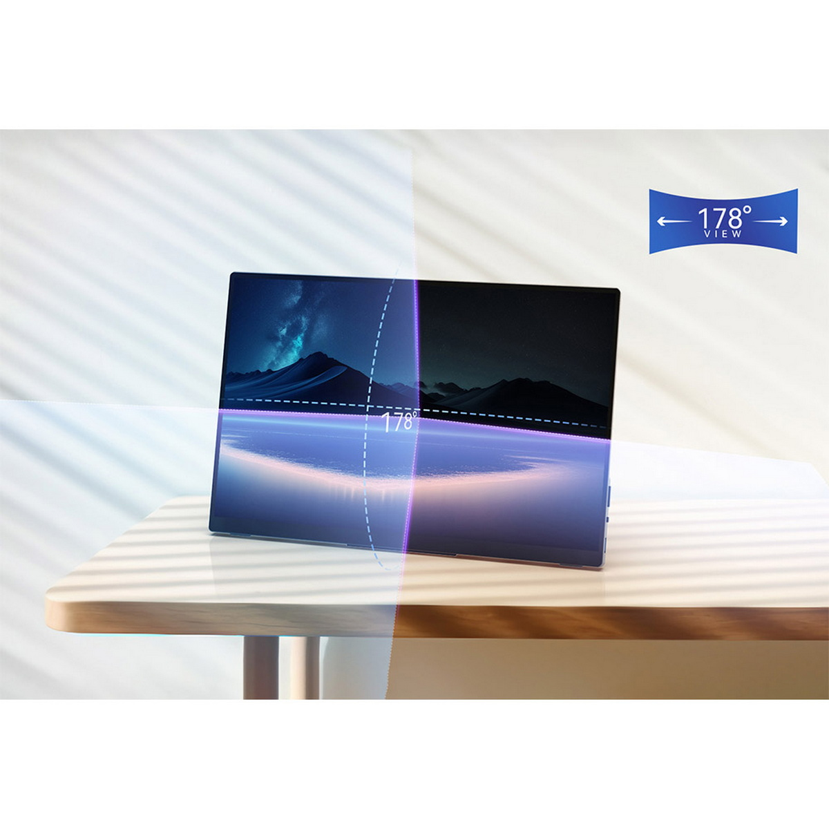 Ein tragbarer Monitor mit 178-Grad-Ansicht. Der Bildschirm zeigt eine Landschaftsszene.