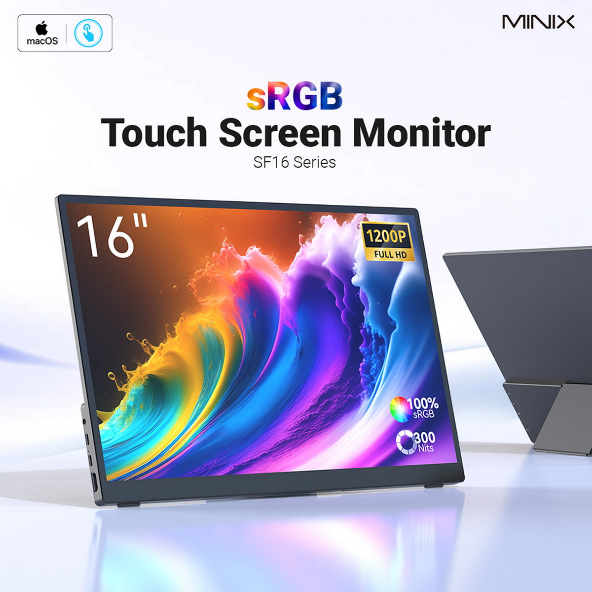 Ein 16-Zoll-Touchscreen-Monitor. Zeigt farbenfrohe Grafiken und hat einen schwarzen Rahmen.
