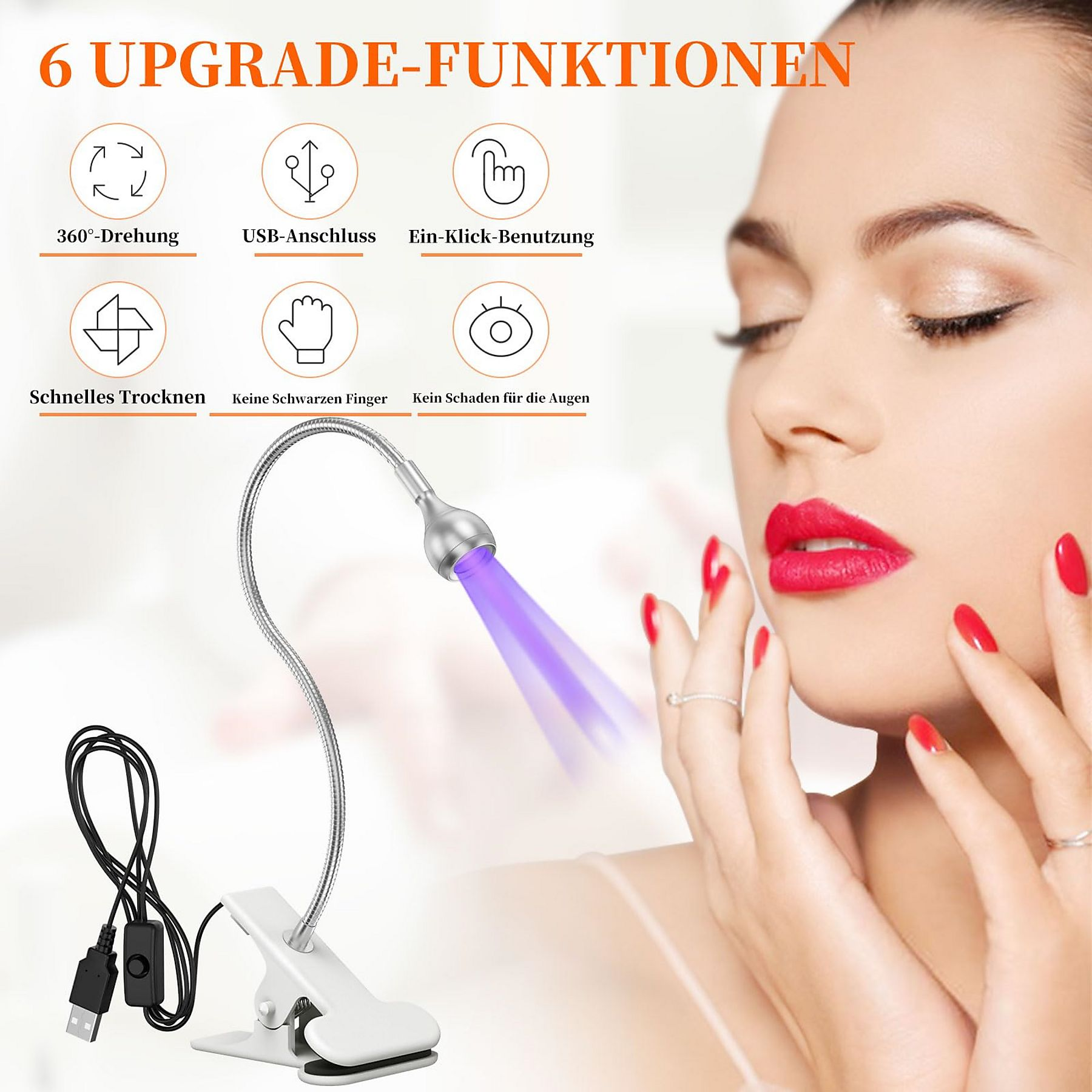 Eine Frau mit rotem Lippenstift und Nägeln benutzt eine UV-Nagellampe. Symbole und Text über die Lampe.