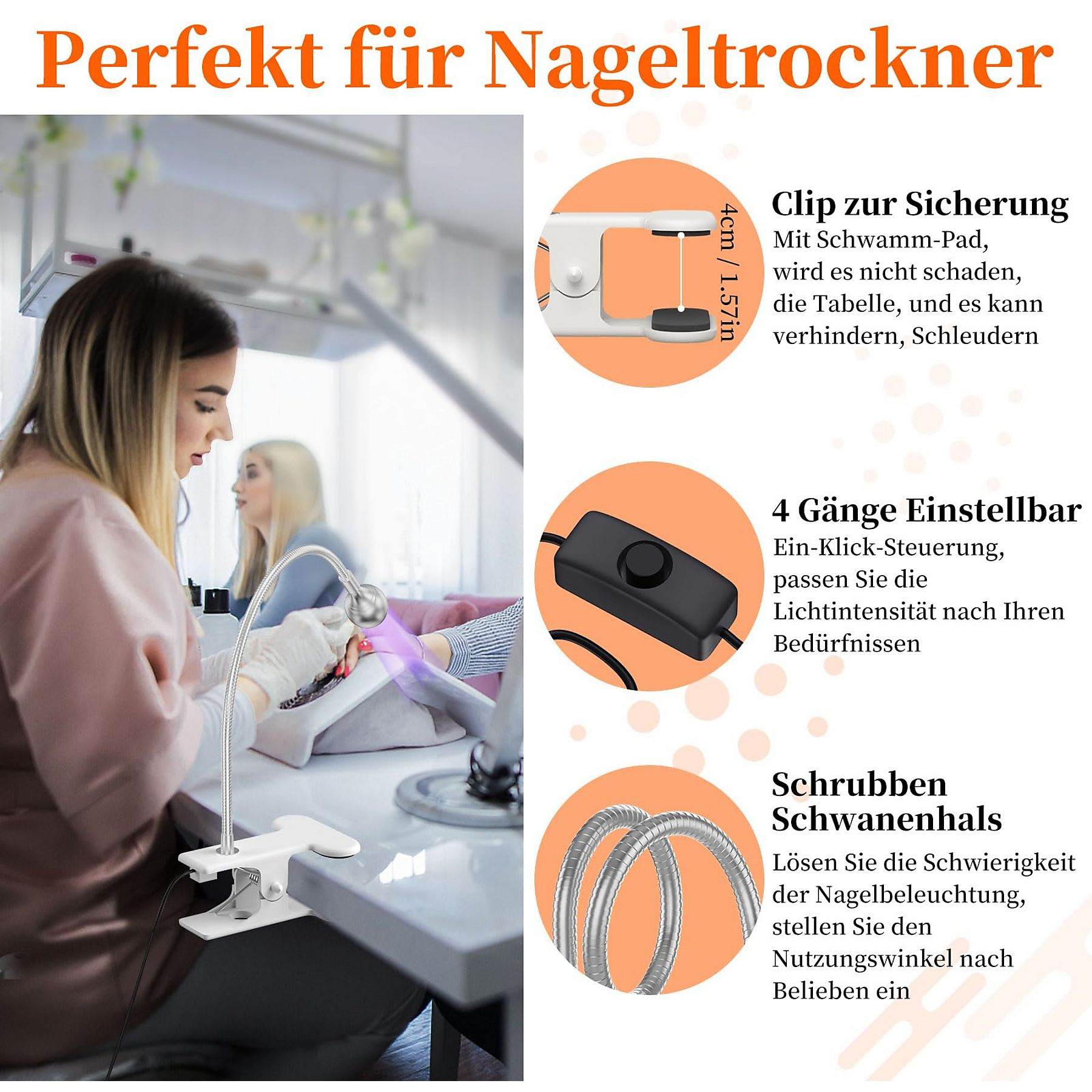 Eine Person, die eine Nagellampe benutzt, mit Details über die Lampe.