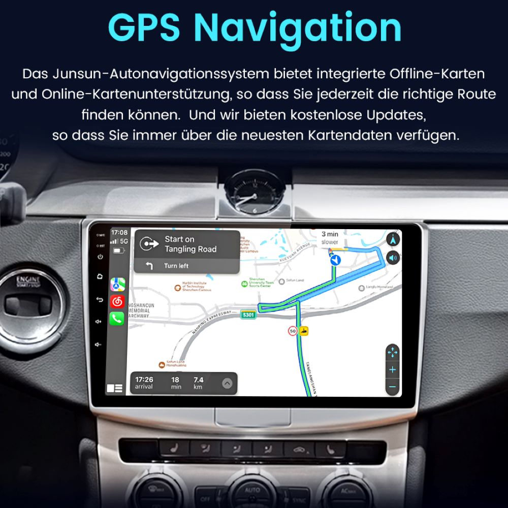 Autoradio-Bildschirm mit GPS-Navigation und Karte.