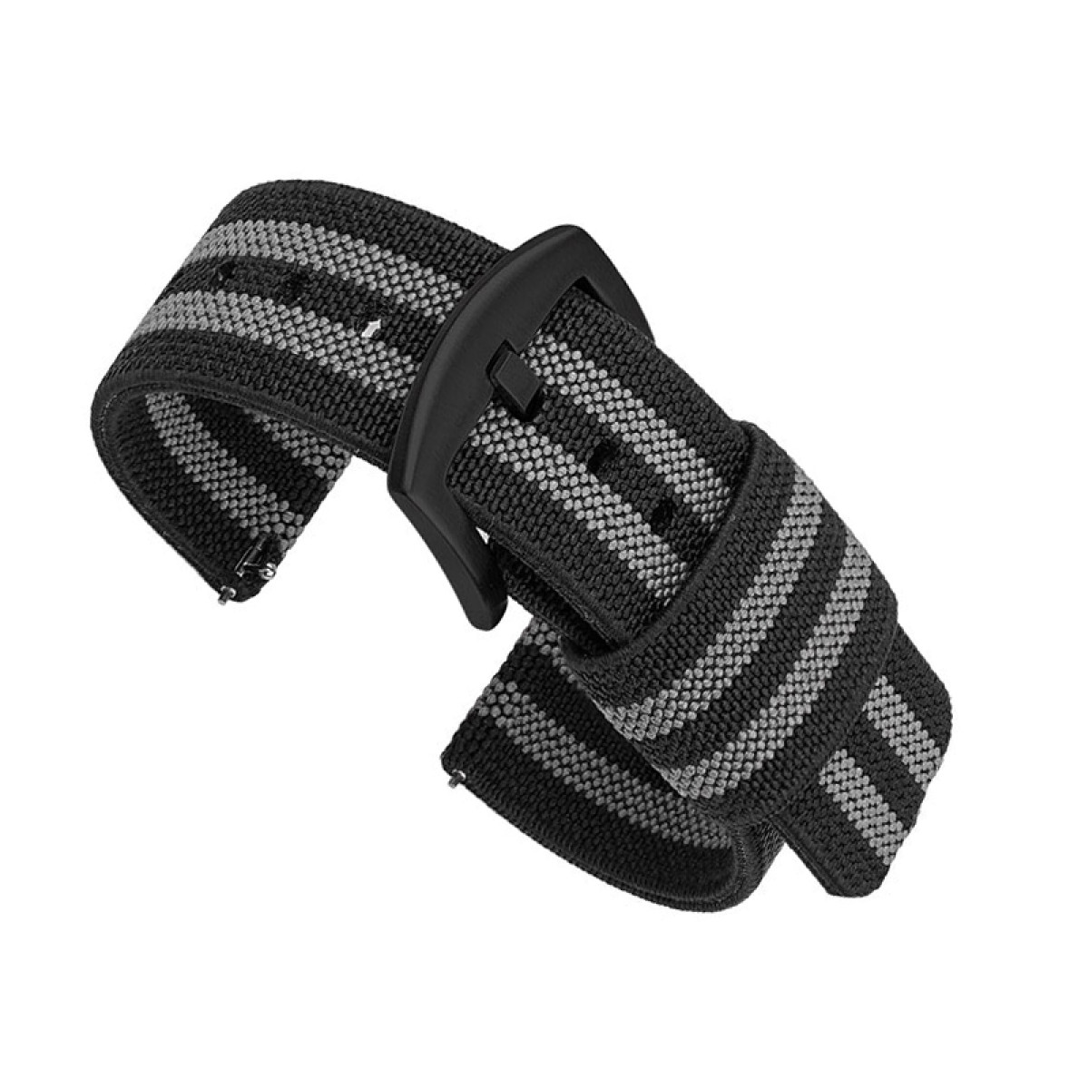 Schwarz-grau gestreiftes Uhrenarmband mit schwarzer Schnalle auf weißem Hintergrund.