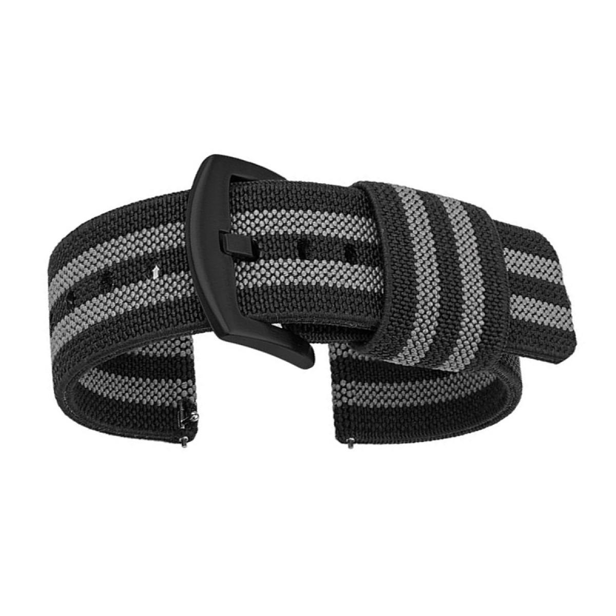 Schwarz-grau gestreiftes Uhrenarmband mit schwarzer Schnalle.