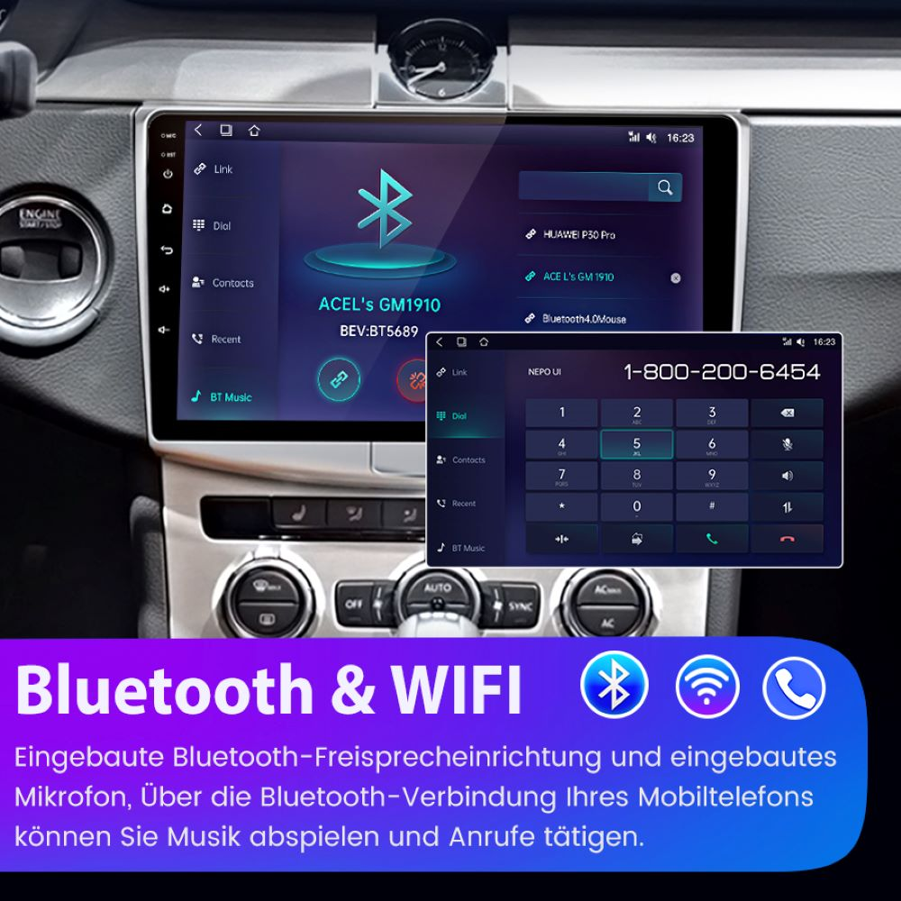 Autoradio-Bildschirm mit Bluetooth- und WLAN-Optionen.