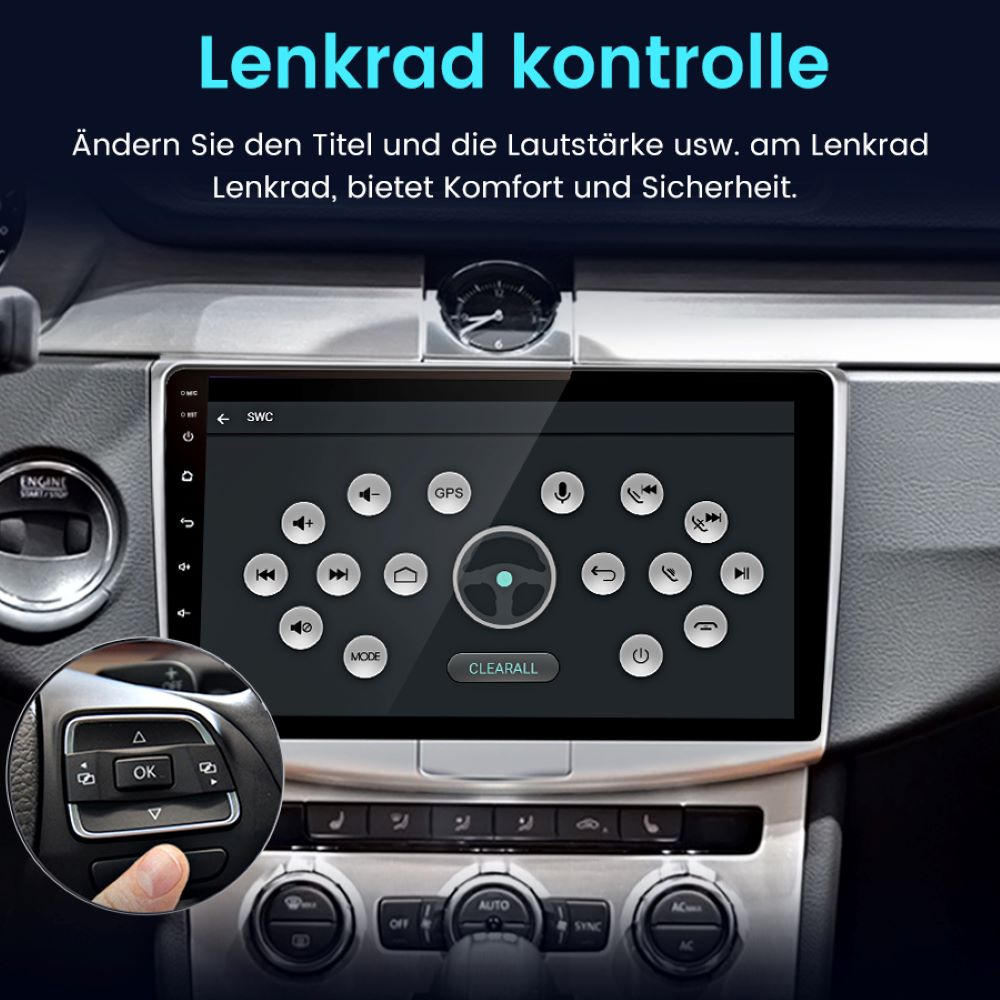 Autoradio-Bildschirmanzeige mit Lenkradbedienung und Hand auf dem Knopf.