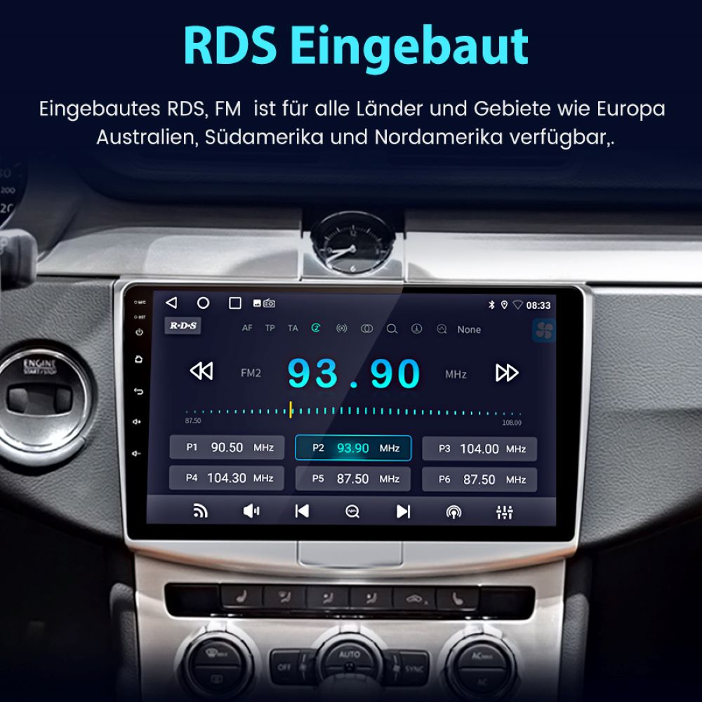 Ein Armaturenbrett, das einen Bildschirm mit Radioinformationen und einer Digitaluhr anzeigt.