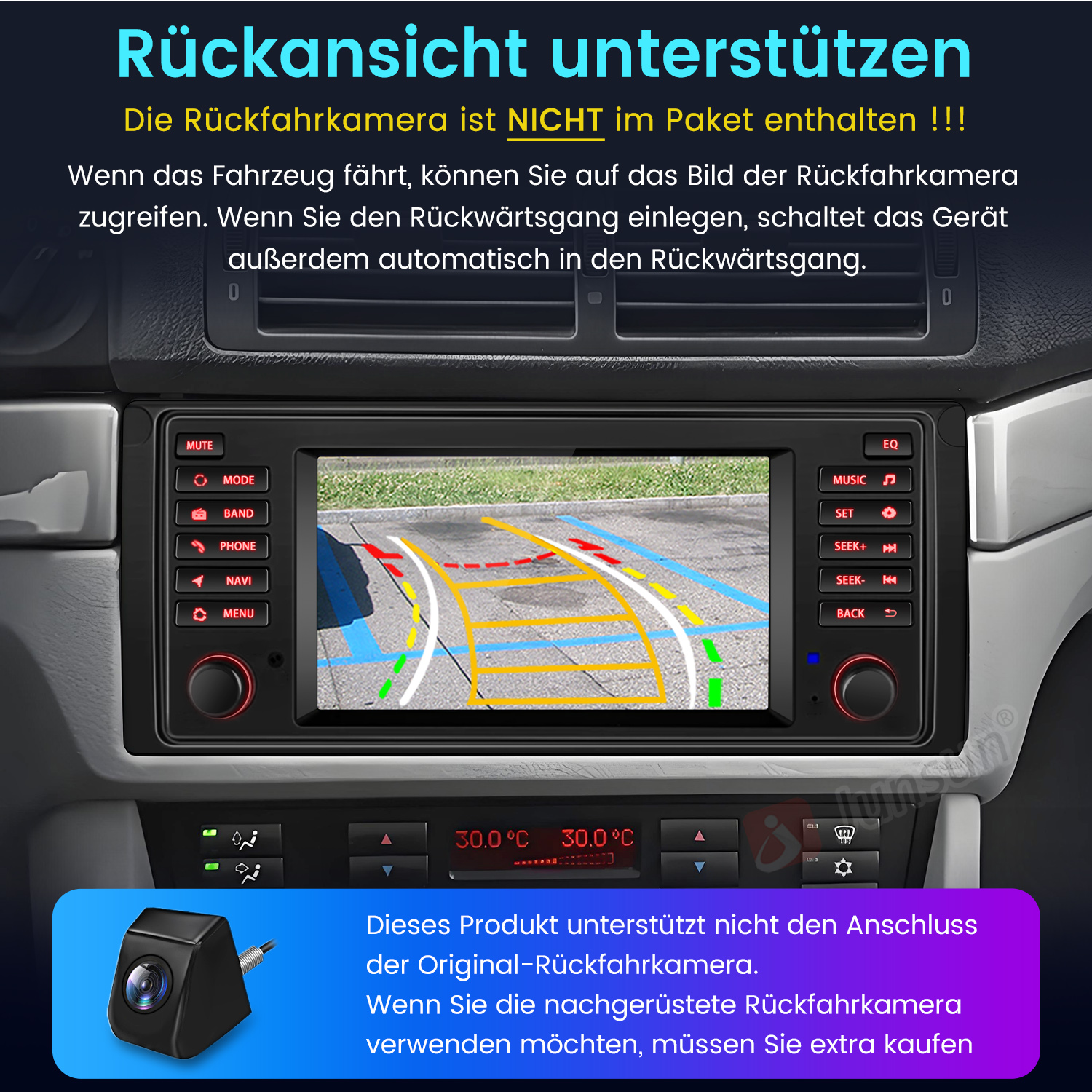 Autoradio-Bildschirm mit Ansicht der Rückfahrkamera.