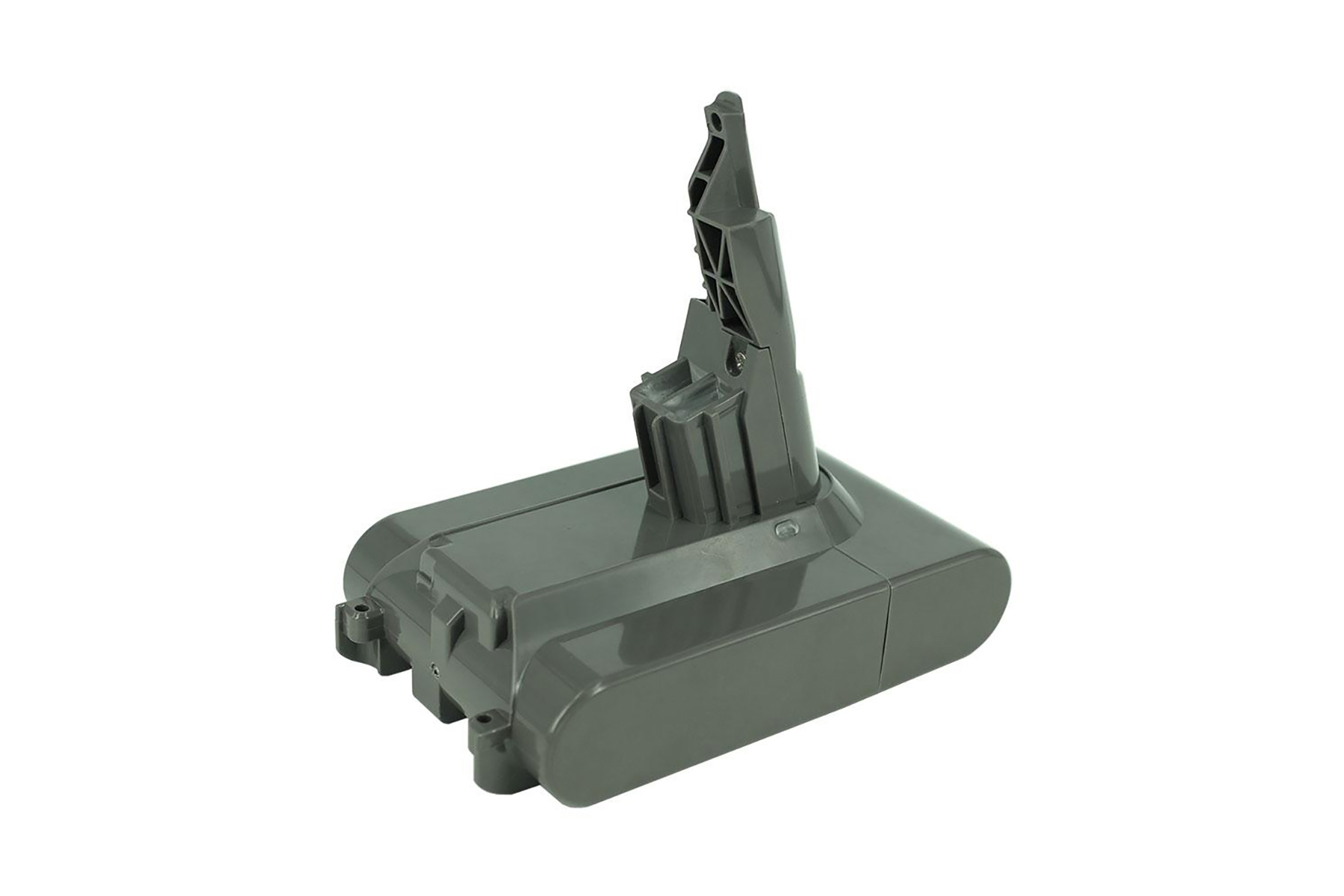 Base batteria aspirapolvere Dyson grigia su sfondo bianco, vista angolata.