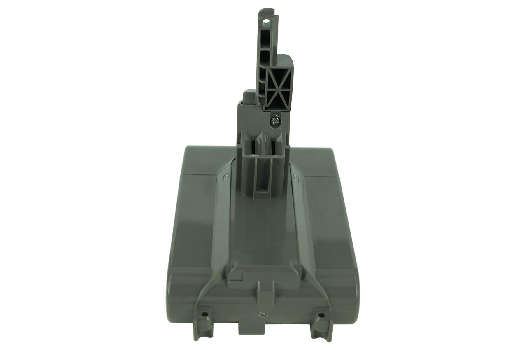 Base batteria aspirapolvere Dyson grigia, vista frontale, isolata su sfondo bianco.
