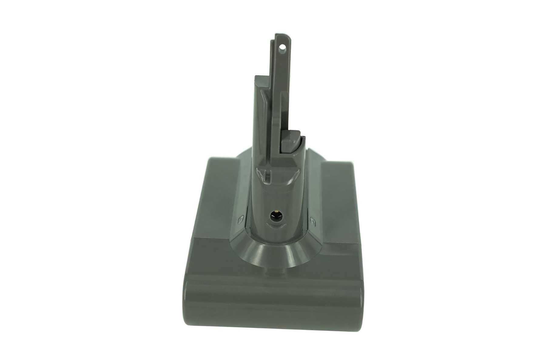 Base batteria aspirapolvere Dyson grigia, isolata su bianco, primo piano frontale.