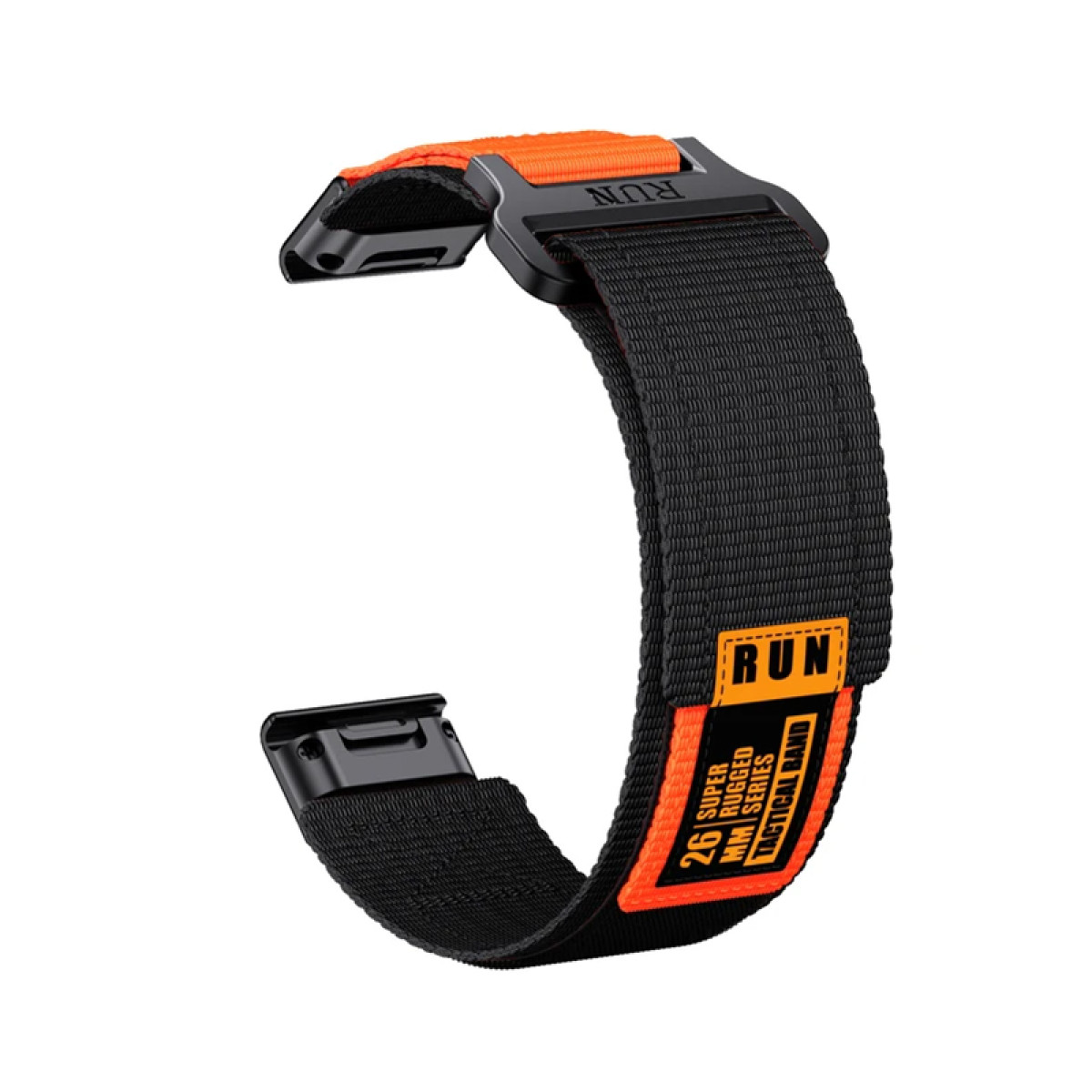 Schwarz-oranges Uhrenarmband mit 'RUN'-Text und Metallschnalle.