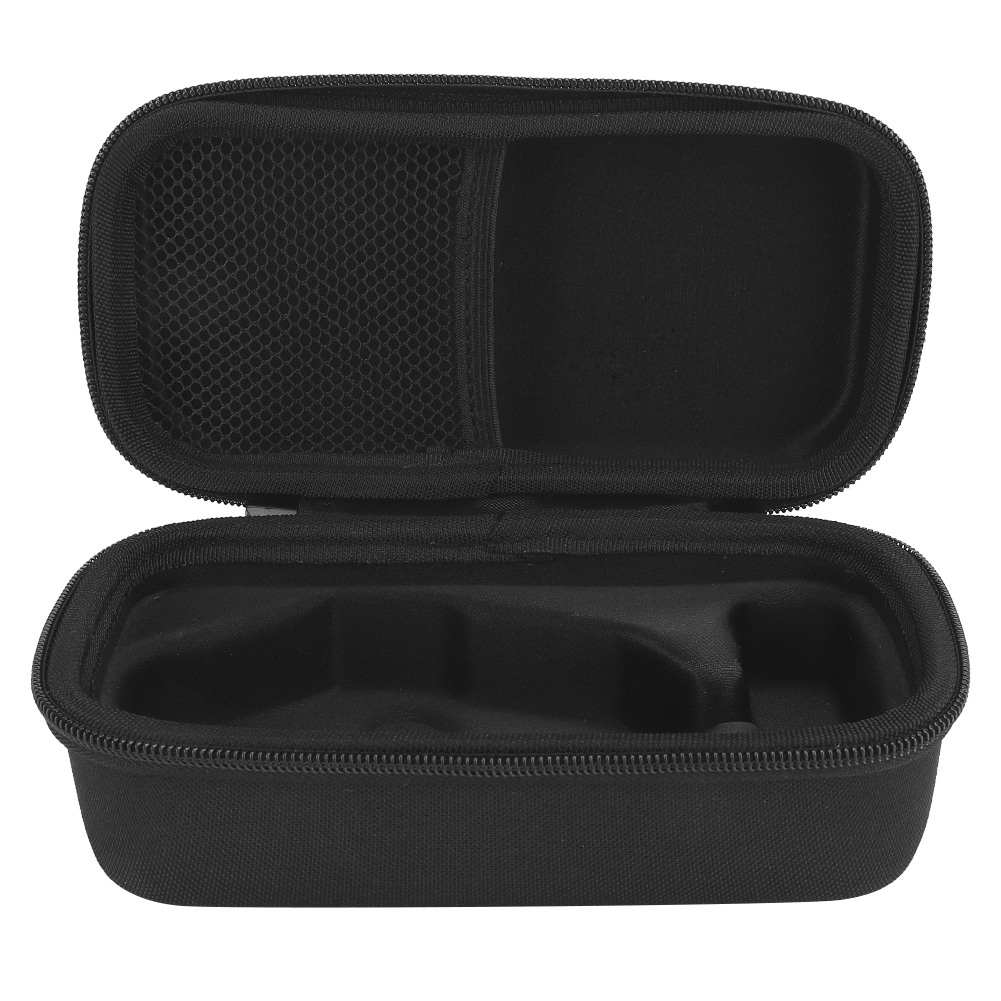 Schwarzes Etui mit Reißverschluss, geöffnet, mit geformtem Innenraum, für kleines Gerät.