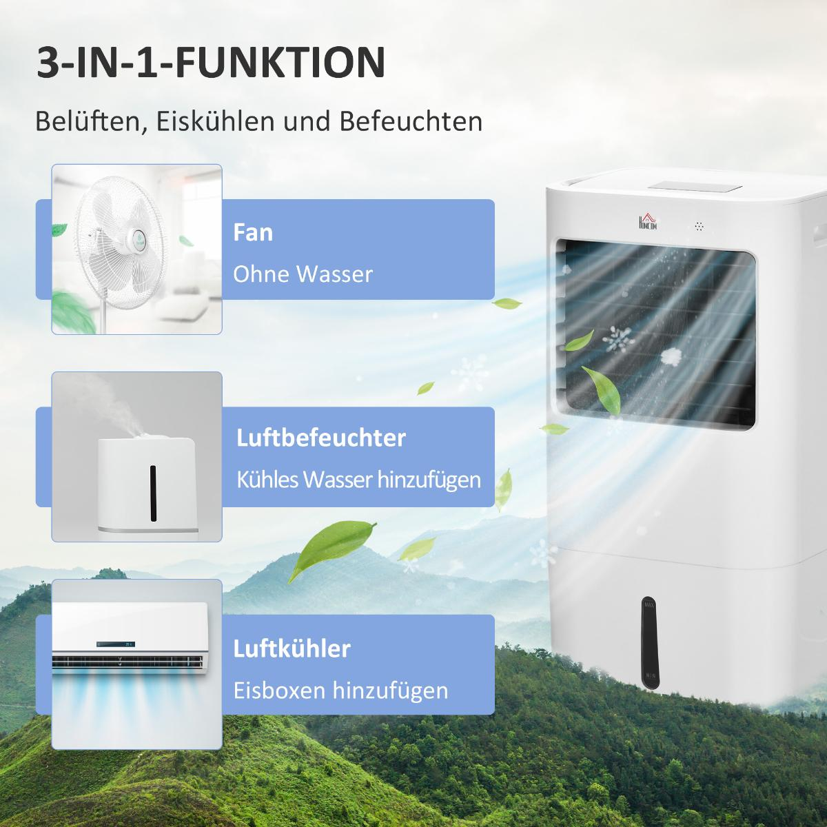 Luftkühler mit Ventilator-, Befeuchter- und Kühlfunktionen.