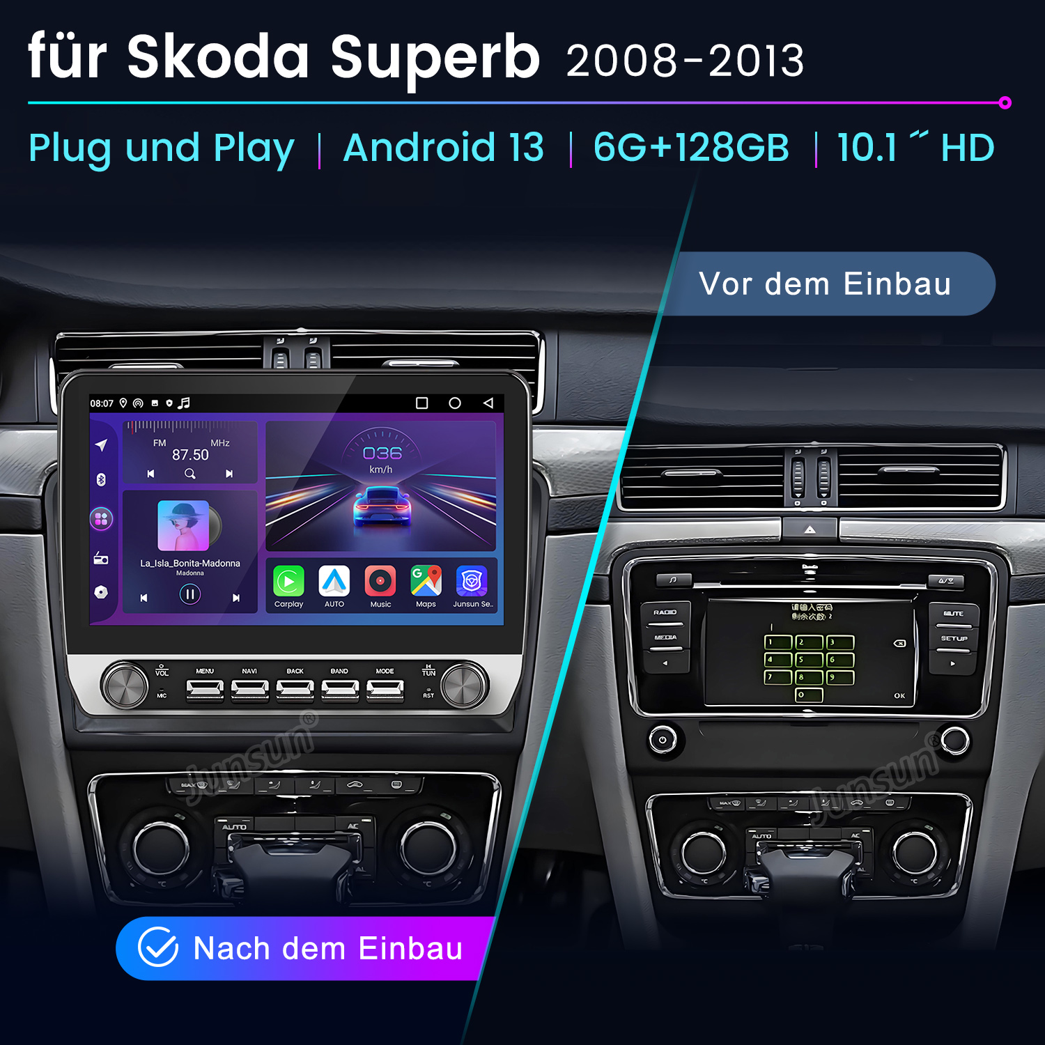 Auto-Multimedia-Player, zeigt die Vorher-Nachher-Installation.