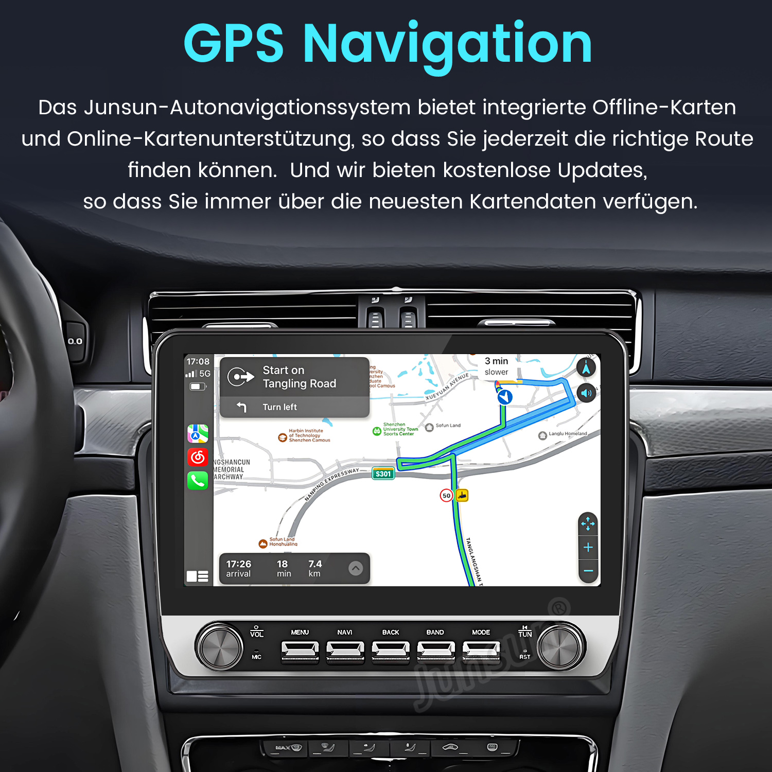 Auto-Navigationsbildschirm zeigt Kartenoberfläche mit sichtbar. Auto Innenraum.
