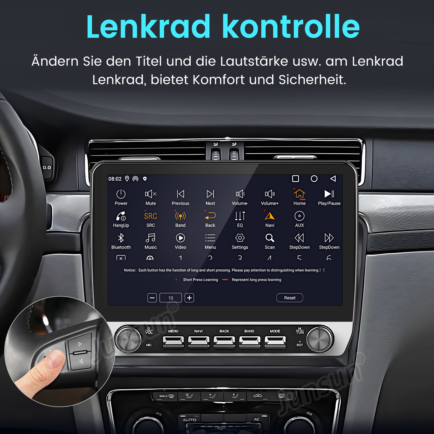 Auto-Armaturenbrettbildschirm mit Einstellungen und Bedienelementen, mit einer Hand, die justiert.