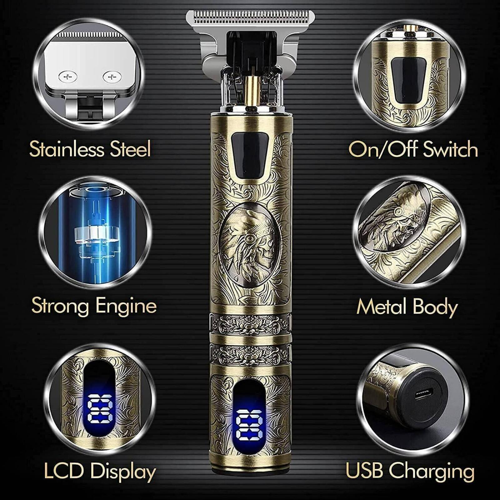 Goldener Trimmer mit Details zu Edelstahl, starkem Motor, Metallgehäuse, LCD-Anzeige und USB-Laden.