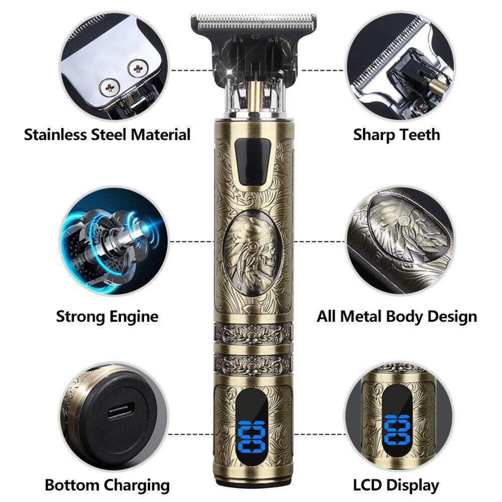 Goldener Trimmer mit Edelstahl, scharfen Zähnen, starkem Motor, Metallgehäuse, LCD-Anzeige.
