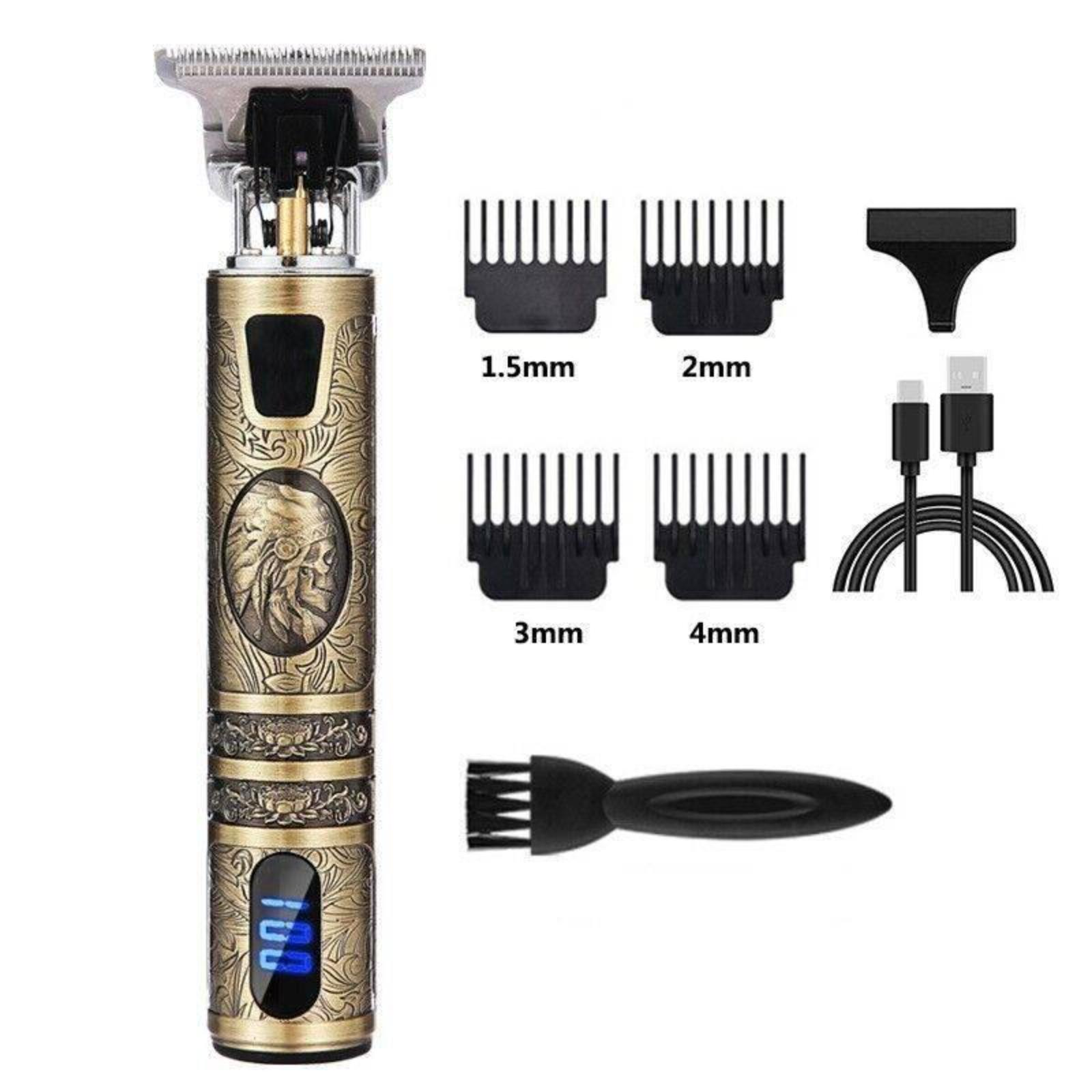 Goldener Trimmer, Zubehör und Schneideführungen. Der Trimmer ist gold, das Zubehör schwarz und weiß.