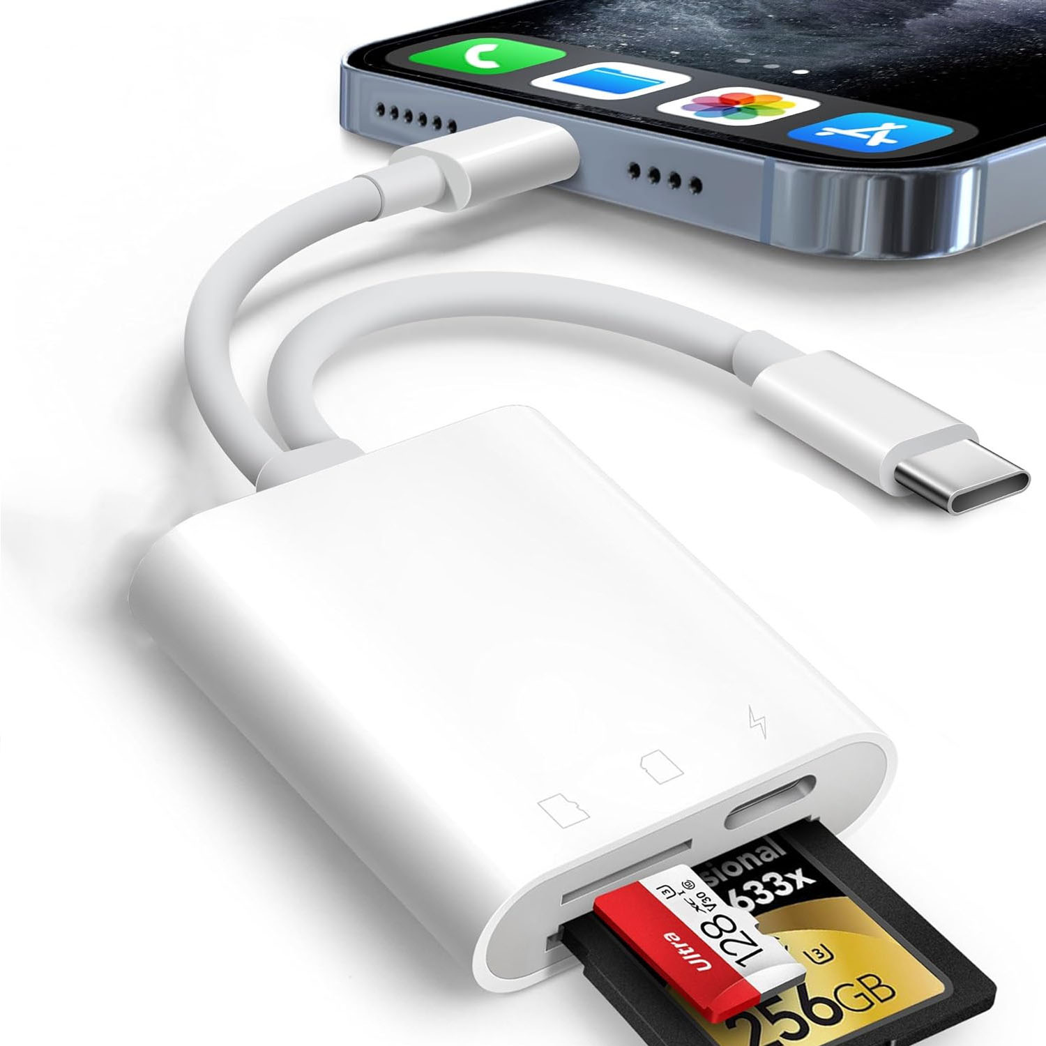 Weißer Adapter mit Telefon, Kartensteckplatz und USB-C-Anschluss, mit roter und goldener Karte.