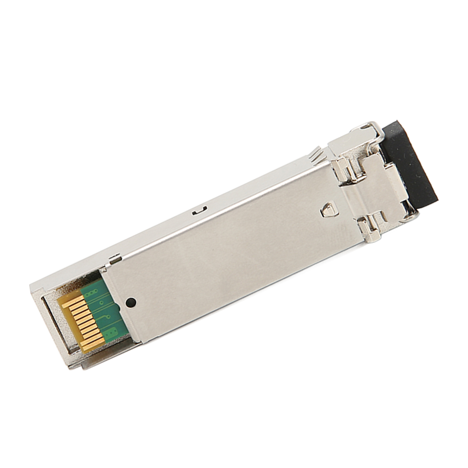 Silbernes SFP-Modul mit goldenem Stecker, isoliert auf Weiß.