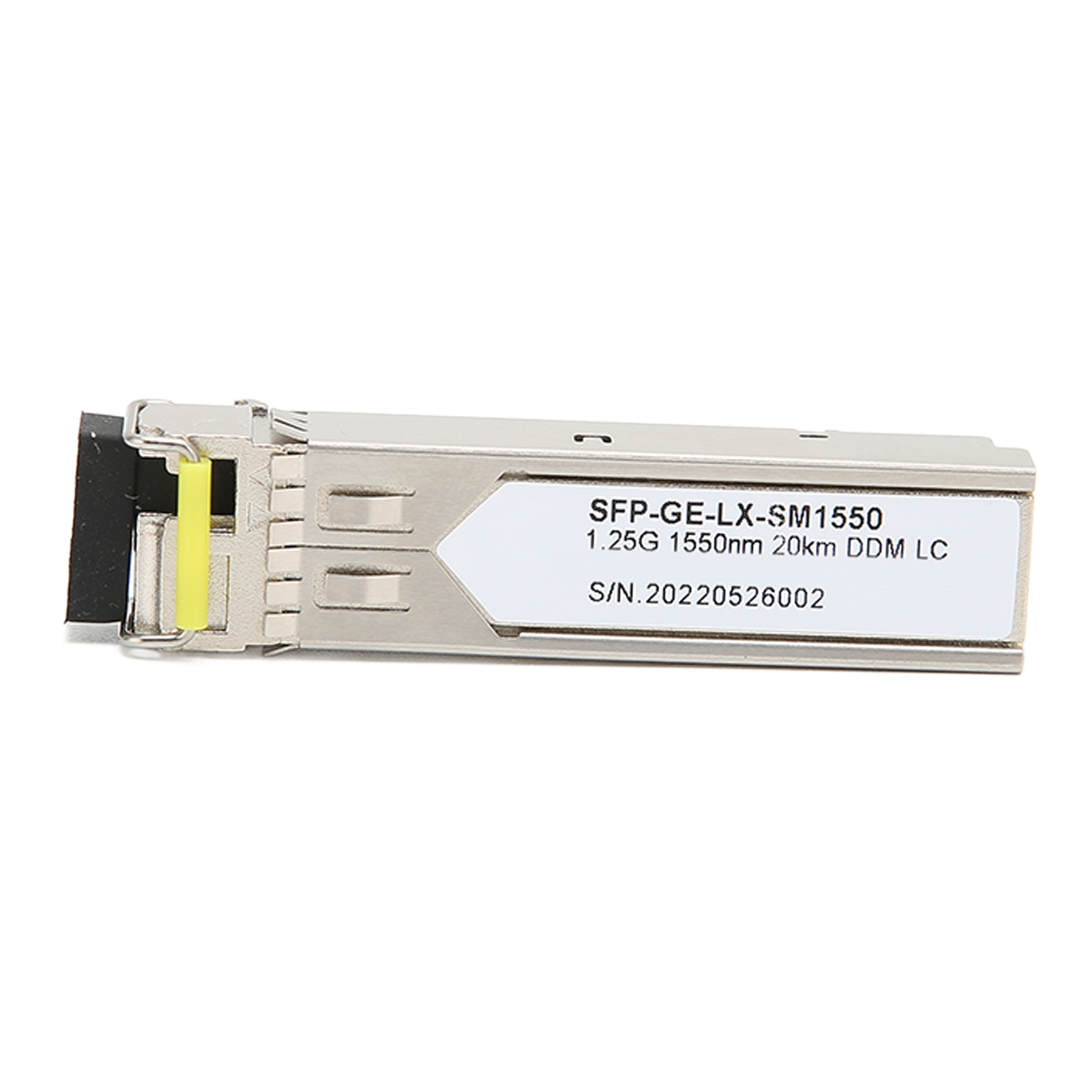 SFP-Transceiver mit weißem Etikett. Text: SFP-GE-LX-SM1550, 1.25G, 1550nm, 20km, DDM LC.