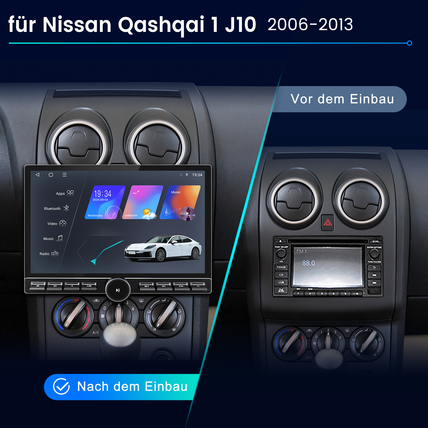 Radio samochodowe z porównaniem przed i po instalacji, pokazujące deskę rozdzielczą i ekran.