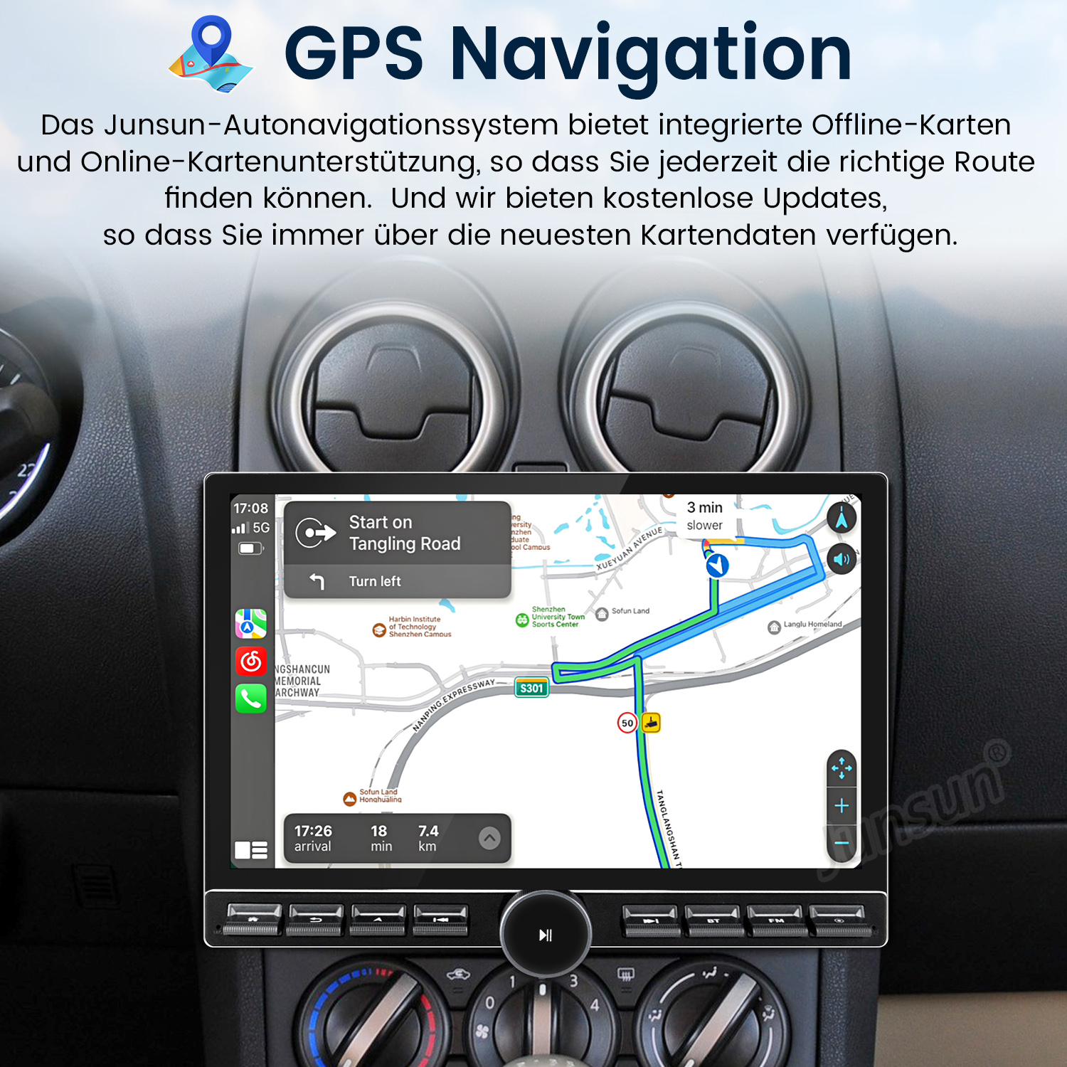 Ekran nawigacji samochodowej pokazujący mapę z funkcjami GPS i deską rozdzielczą ze szczegółami samochodu.
