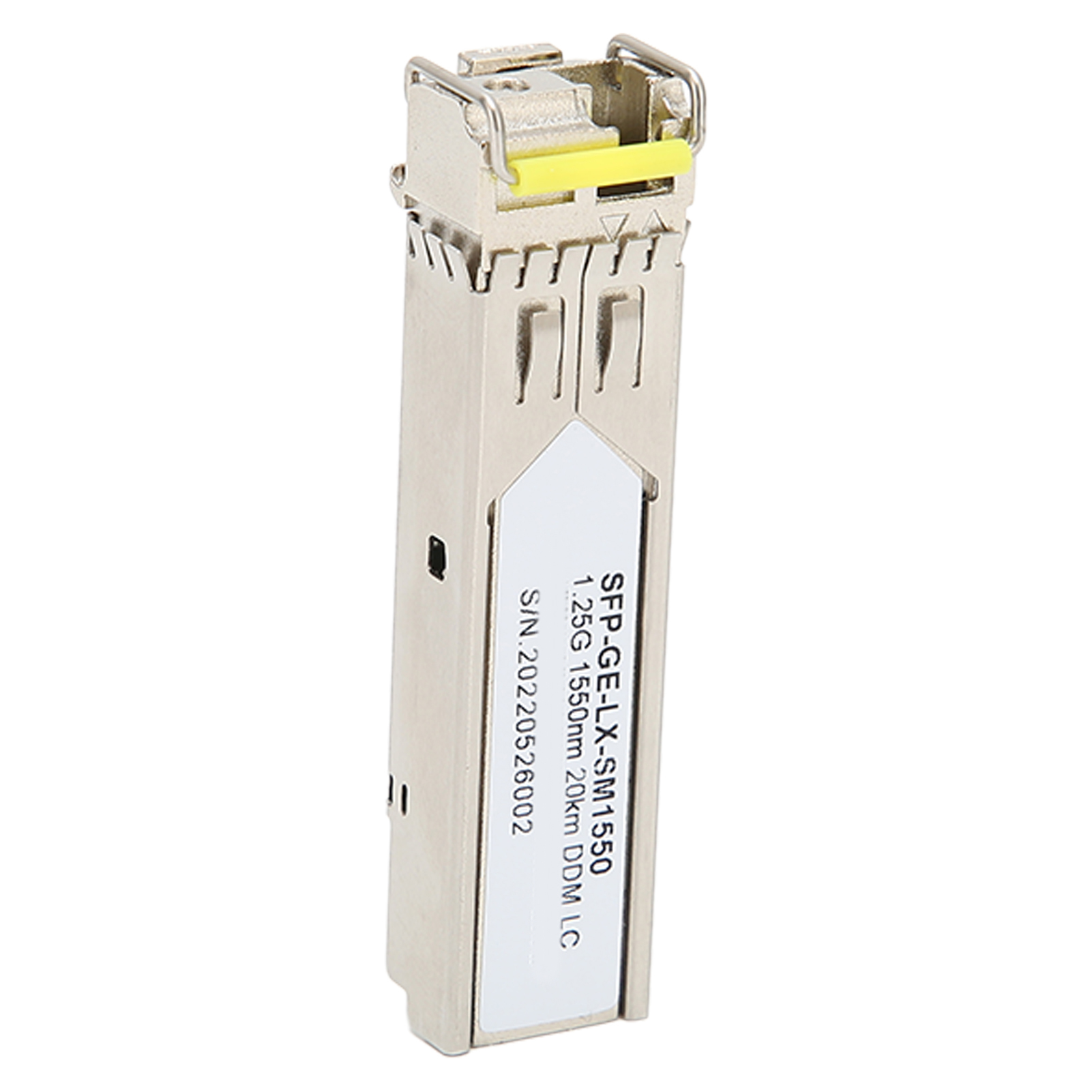 SFP-Modul mit Etikett oben und gelber Farbe, auf weißem Hintergrund.