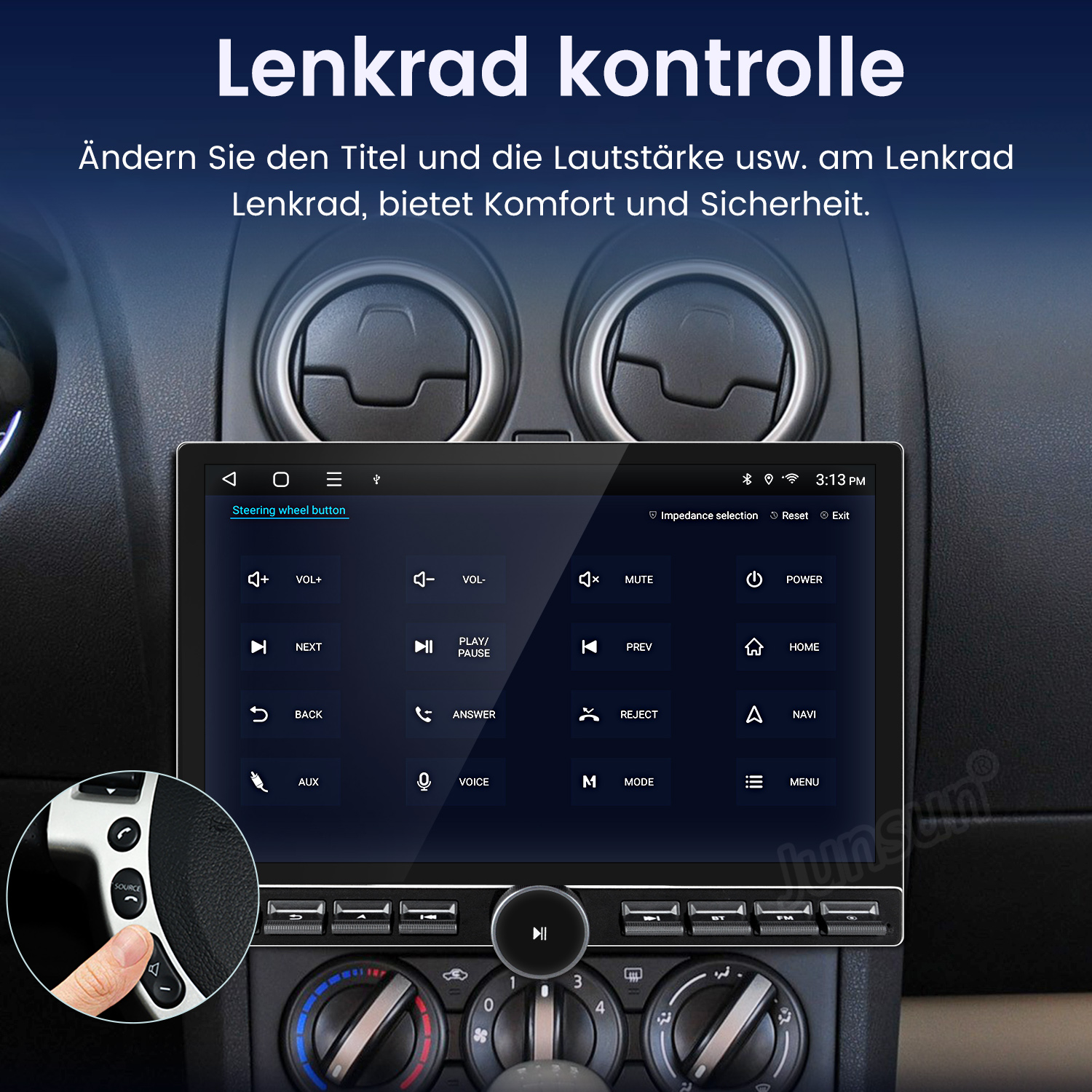 Deska rozdzielcza samochodu z ekranem wyświetlającym elementy sterowania. Widoczne elementy sterowania kierownicą.