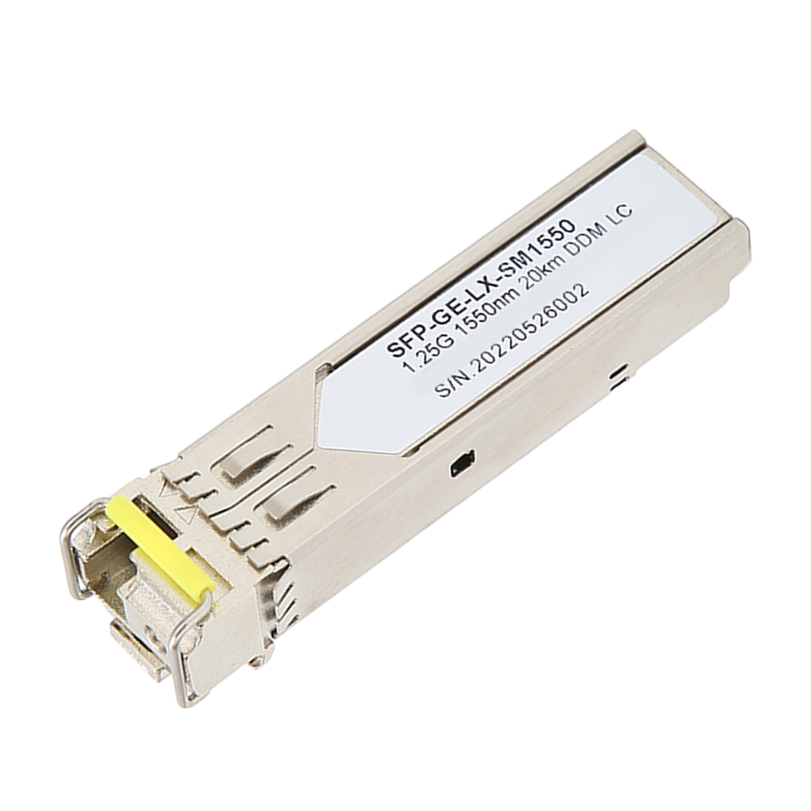 SFP-GE-LX-SM1550 Transceiver, weißes Etikett, verschiedene Markierungen und gelber Tab.