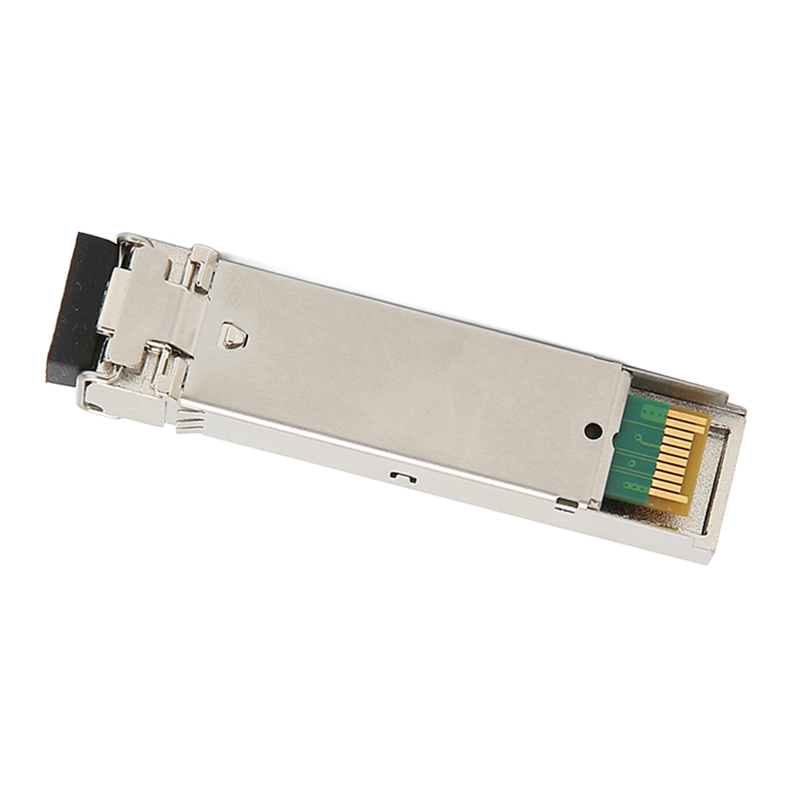 Ein silberner SFP-Transceiver aus Metall mit grüner Leiterplatte und schwarzem Stecker.