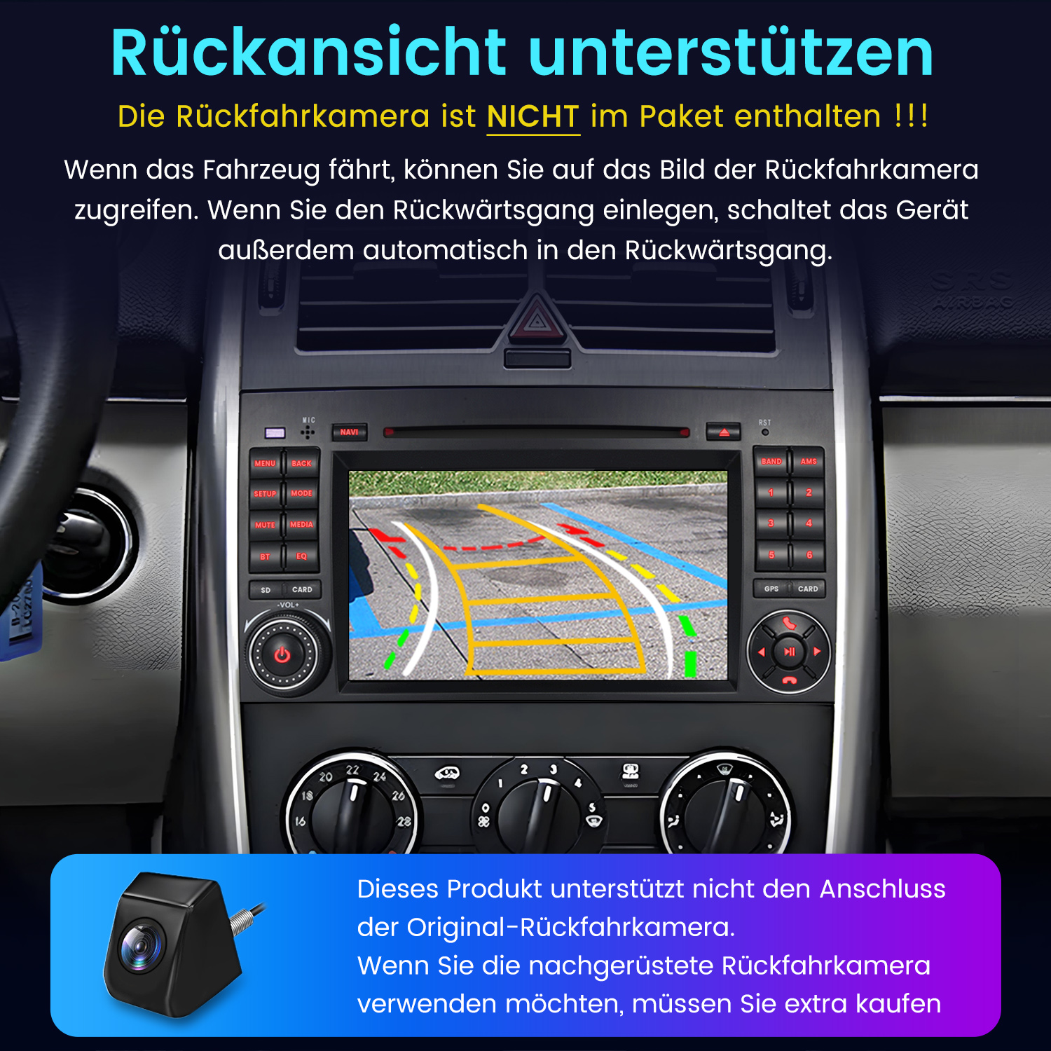 Auto-Armaturenbrett mit einem Bildschirm, der eine Rückfahrkamera zeigt, umgeben von Knöpfen und Reglern.
