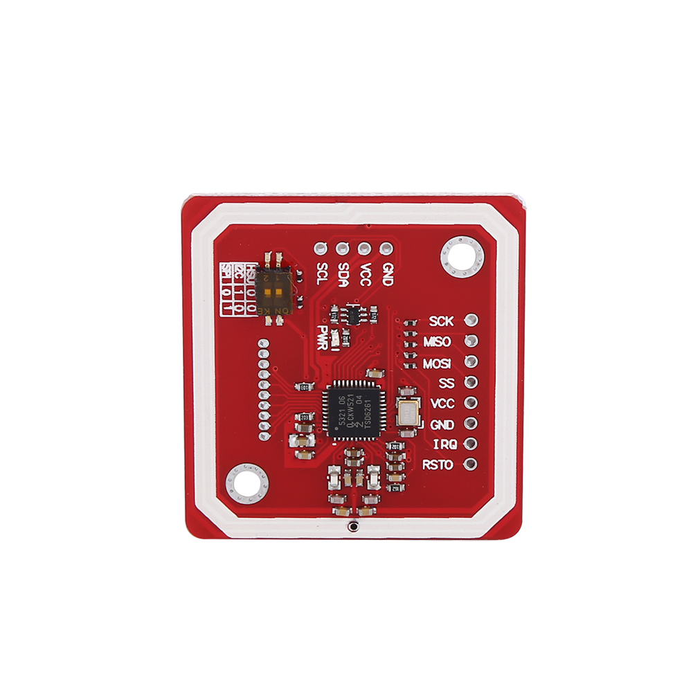 Rotes NFC-Modul mit Komponenten, weißem Rahmen und Text auf weißem Hintergrund.
